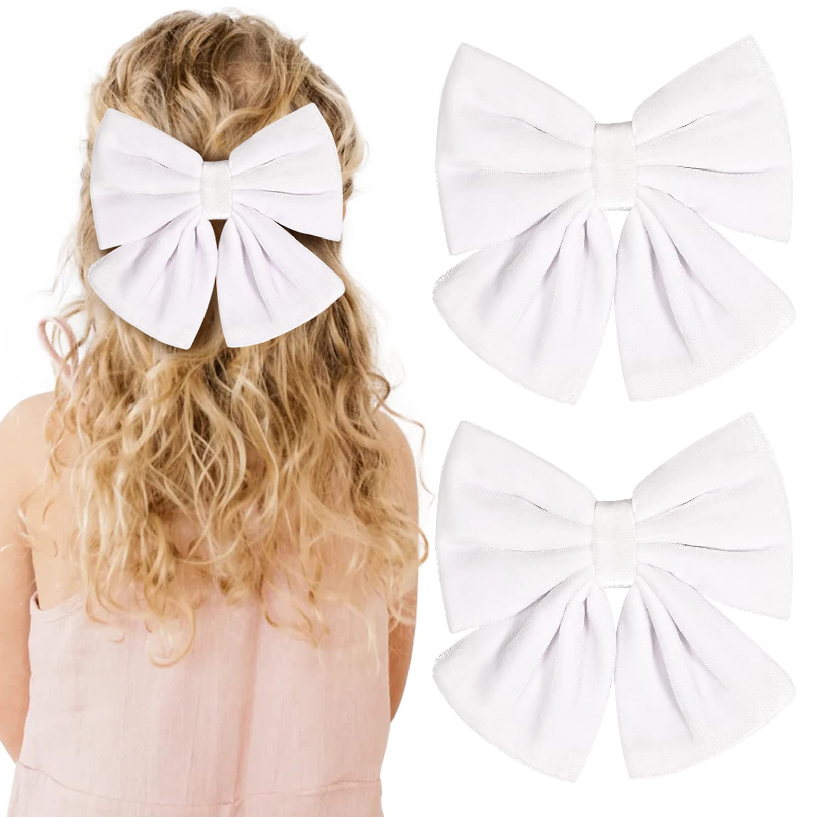 6 Inch Velvet Hair Bows for Girls - 2PCS Big White Fall Hair Clips with Alligator Clips - Toddler, Kids & Teens Hair Accessories for School, Parties & Special Occasions