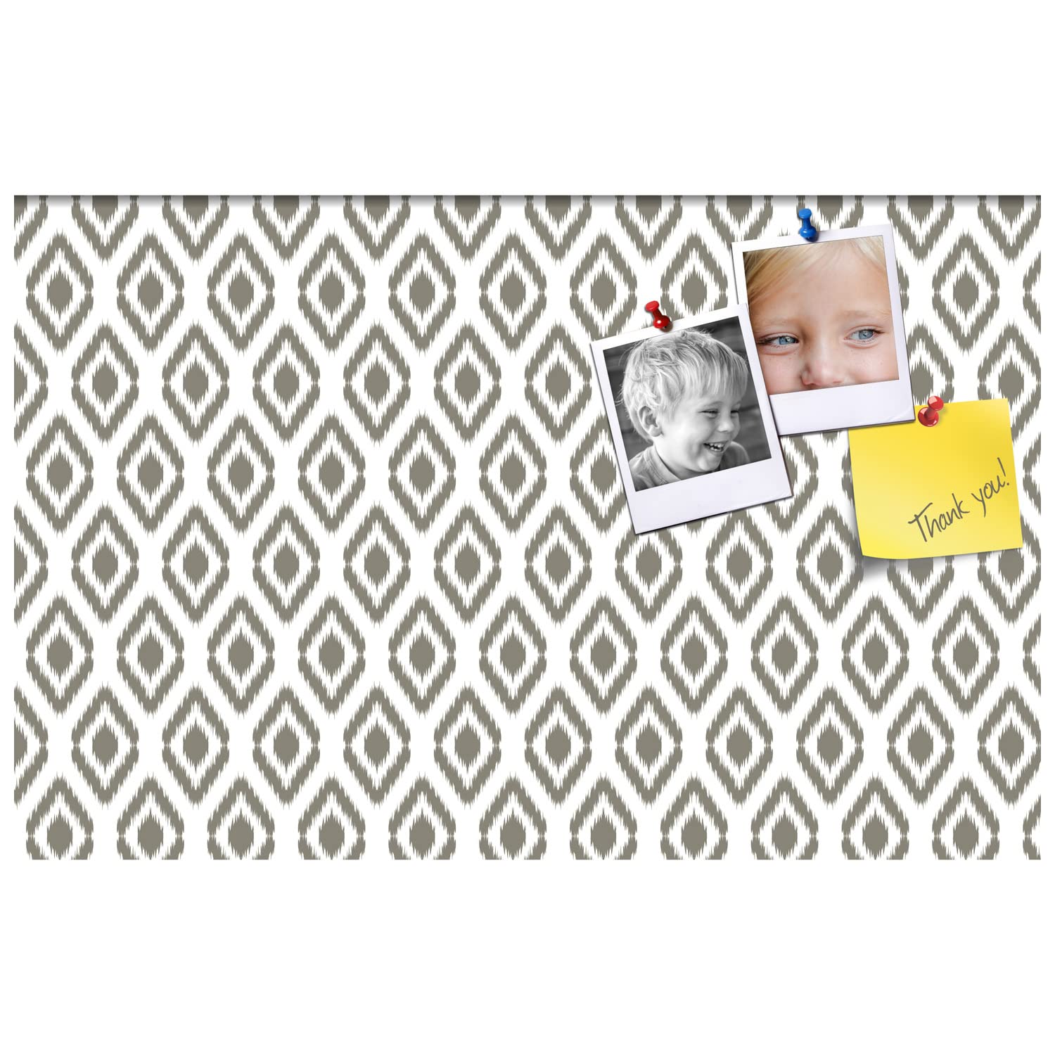 PinPix 34x22 Inch Cork Bulletin Board with Ikat Pewter Design & Satin White Frame - Decorative Wall Organizer for Home Office School - Perfect for Notes, Photos, Reminders and DIY Projects