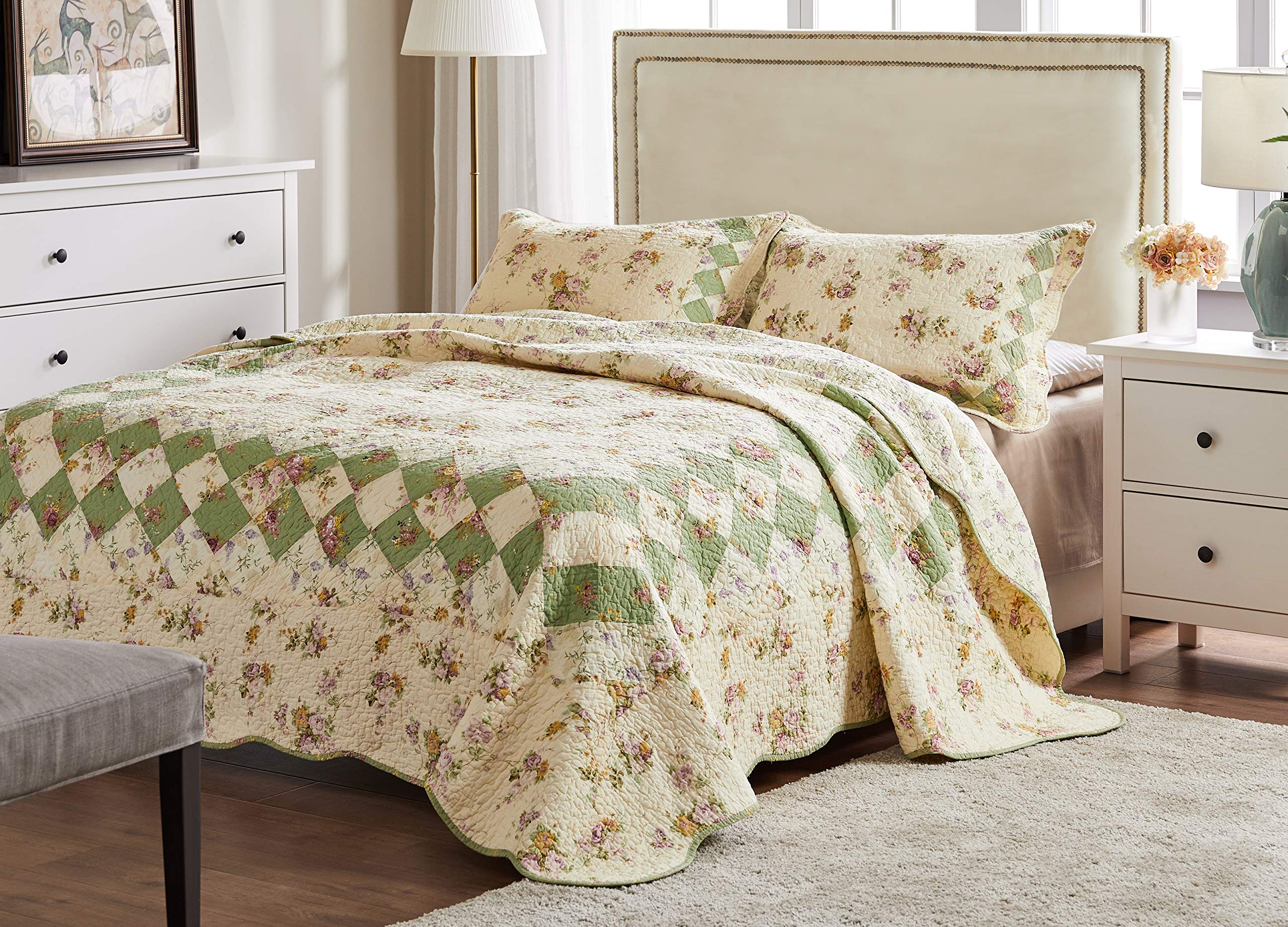 Greenland Home Bliss 100% Cotton Authentic Patchwork Quilt Set - Full/Queen Size, Ivory - Cozy Bedding for Master Bedroom, Guest Room & Dorm Decor