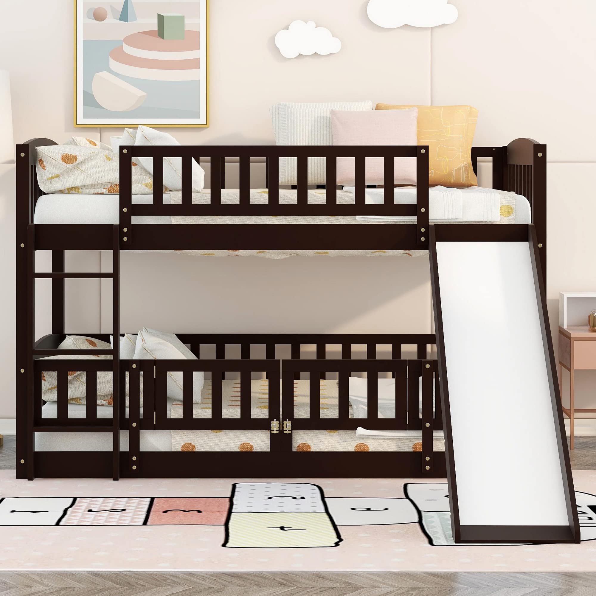 Harper & Bright Designs Twin Over Twin Low Bunk Bed with Slide, Safety Fence & Ladder - Sturdy Wooden Kids Bunk Bed for Boys and Girls in Espresso Finish | Perfect for Small Bedrooms, Shared Kids Rooms & Sleepovers