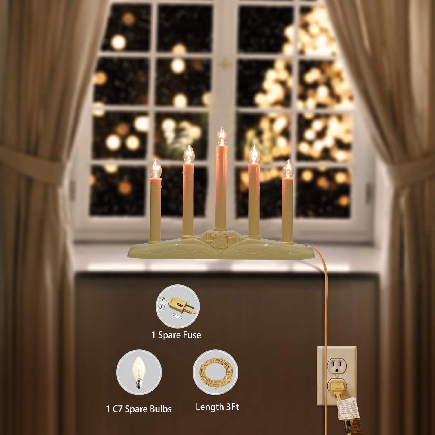 GOOTHY 5-Light Electric Window Candle Lamp Set - Ivory Base with 6 Clear C7 Bulbs (Includes 1 Spare) - 5W, 3ft Cord - Plug-in Ready for Christmas Decor, Holiday Lighting, Home & Window Display