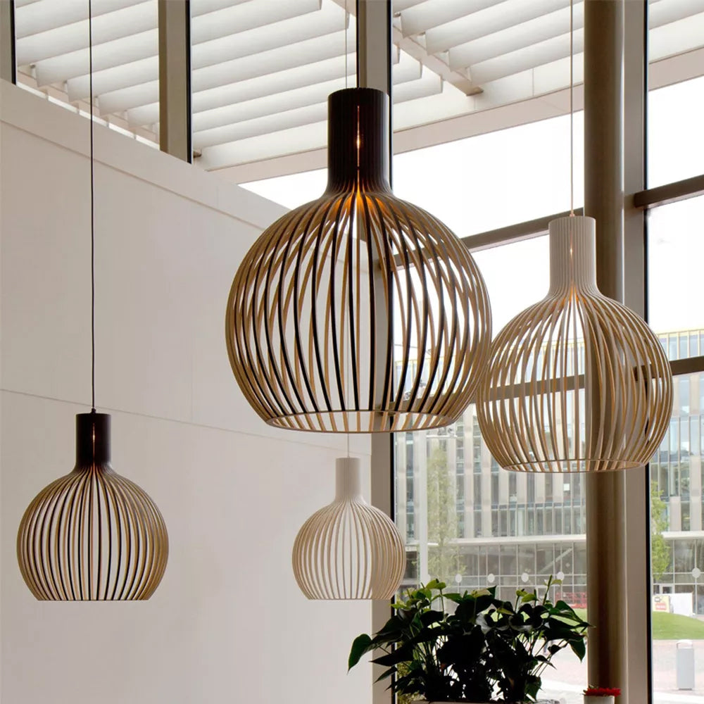 Modern Minimalist Spherical Wooden Pendant Light - Handcrafted Wooden Ceiling Lamp for Living Room, Bedroom, Dining Room & Office Decor