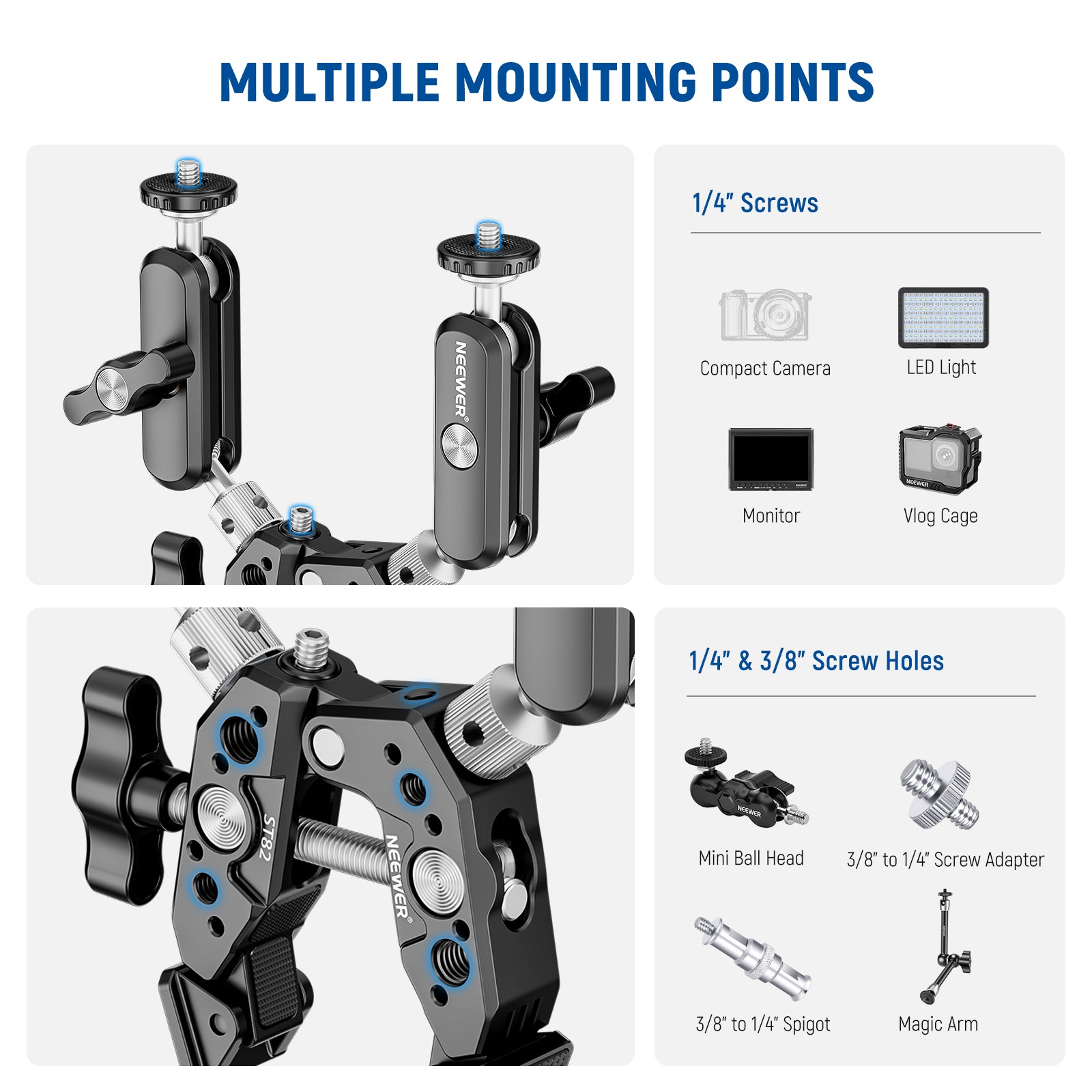 NEEWER ST82 Heavy Duty Super Clamp with Two 360° Dual Ball Head Magic Arms - Perfect for Photography, Videography, and Studio Lighting Setup