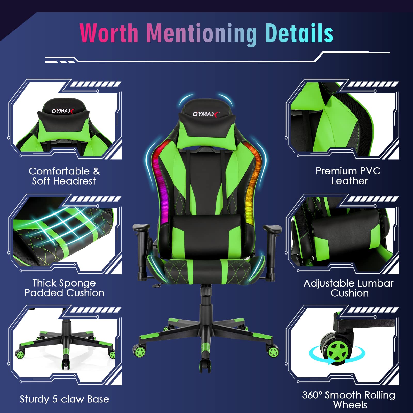 Powerstone RGB Gaming Chair - Ergonomic High Back Racing Style Computer Chair for Adults with Adjustable Lumbar Support & Armrests - Perfect for Esports, Office Work & Home Gaming Setup (Green)