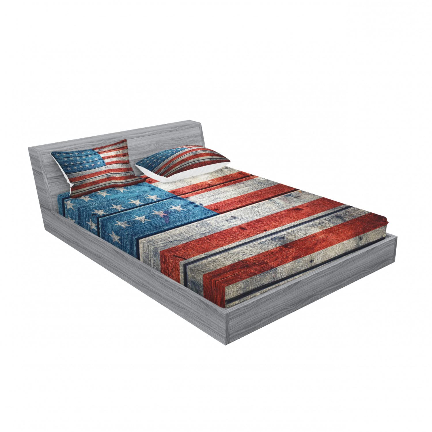 Ambesonne Antique 2-Pack King Size Fitted Sheet & Pillow Sham Set - Patriotic July 4th Bedding Decor (Blue, Red, White) - Includes 2 Fitted Sheets & 4 Pillow Covers - Perfect for Independence Day, Memorial Day & American-Themed Bedroom Decor