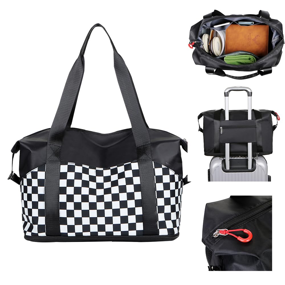 Black and White Checkered Travel Bag - Women's Carry-On Luggage for Airplane Seat Storage | Men's Business Briefcase | Gym Bag with Wet/Dry Compartments | Perfect for Business Trips, Workouts & Weekend Getaways