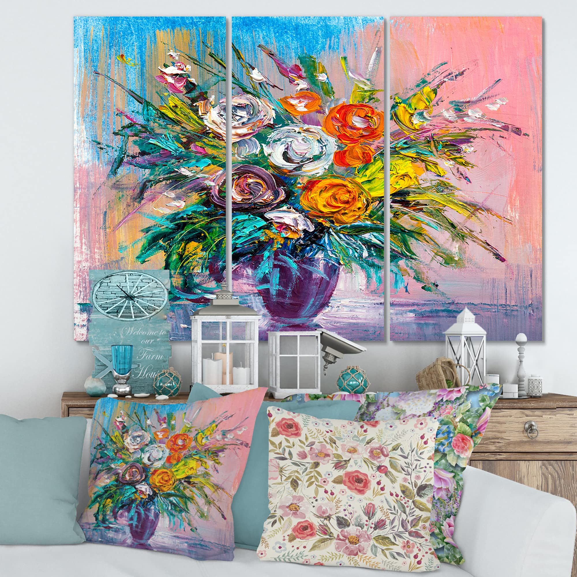 Vibrant Floral Bouquet Canvas Wall Art - Traditional Hand-Painted Home Decor for Living Room, Bedroom & Office
