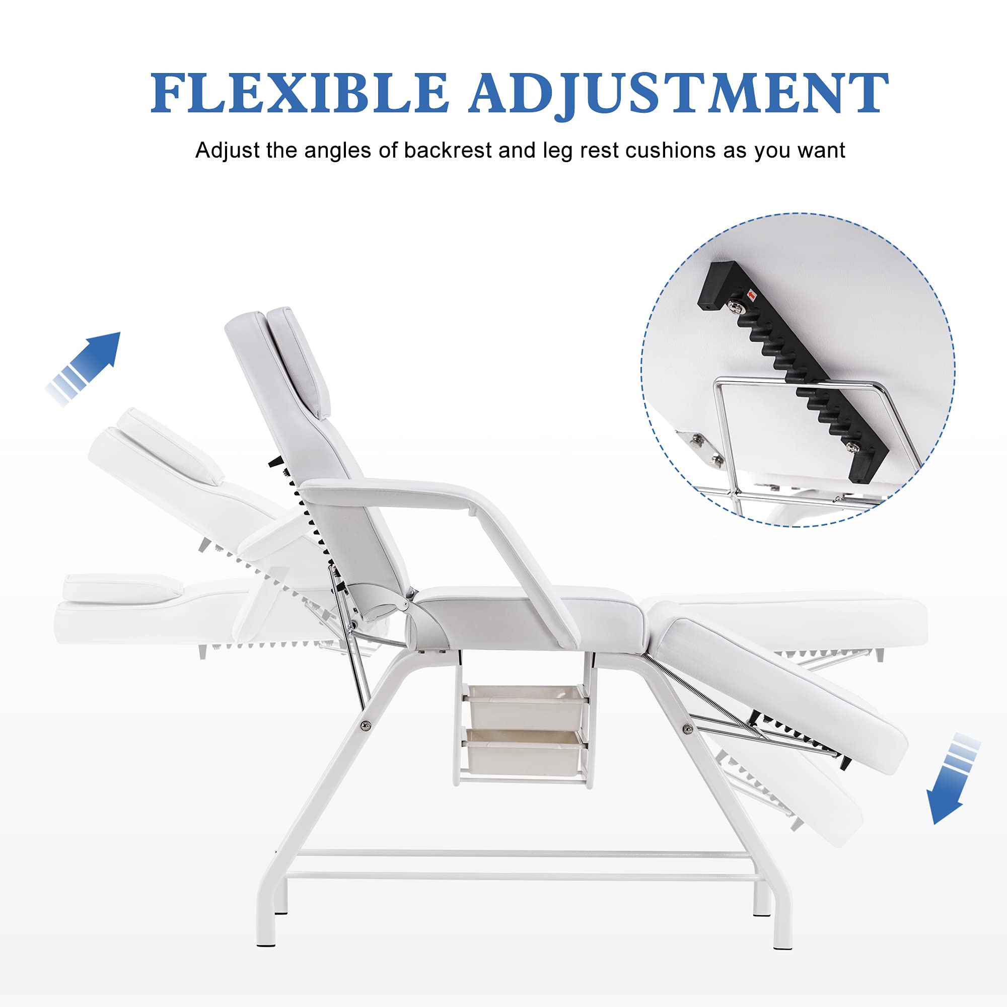 Professional Adjustable Massage Chair Table Tattoo Bed with Storage Baskets - Multi-Purpose Facial Spa Bed for Massage, Tattoo, Waxing & Beauty Treatments (White) | Perfect for Salons, Spas & Home Use
