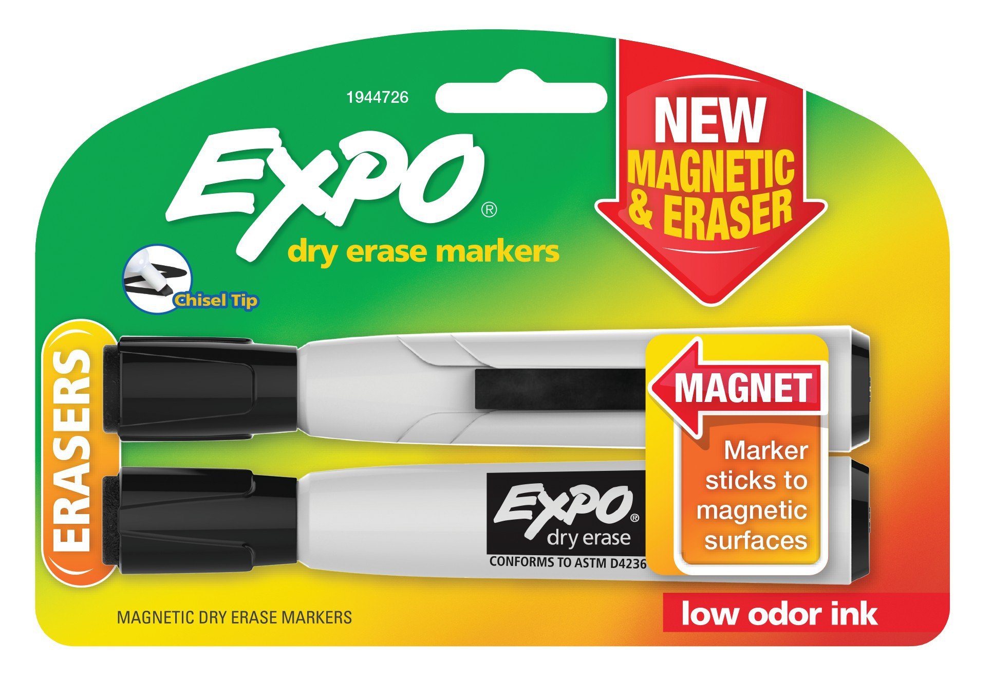 EXPO 1944726 Magnetic Dry Erase Markers with Eraser - Chisel Tip Black Whiteboard Markers (2-Pack) - Perfect for Office Meetings, Classroom Teaching & Home Refrigerator Notes