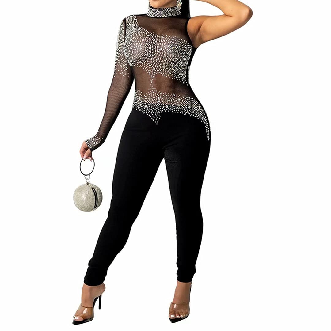 IyMoo Women's Sexy Long Sleeve Rhinestone Mesh Patchwork See-Through Jumpsuit Romper - Clubwear & Evening Party Outfit for Night Out, Date Night, and Special Occasions