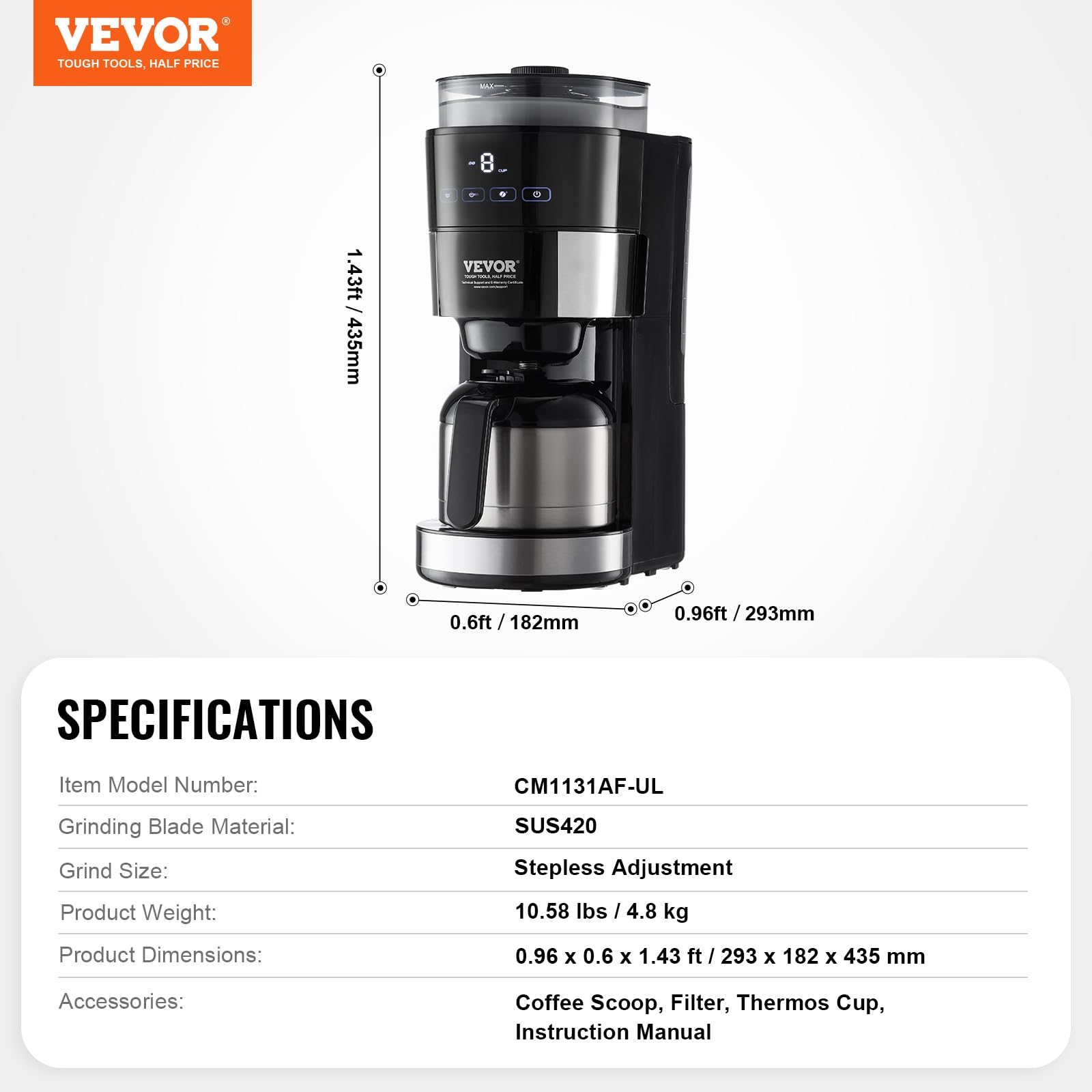 VEVOR 8-Cup Programmable Coffee Maker with Built-in Grinder - 3 Brew Strength Control, Reusable Filter & Removable Water Tank - Perfect for Home, Office & Restaurant Use - Freshly Ground Coffee Anytime