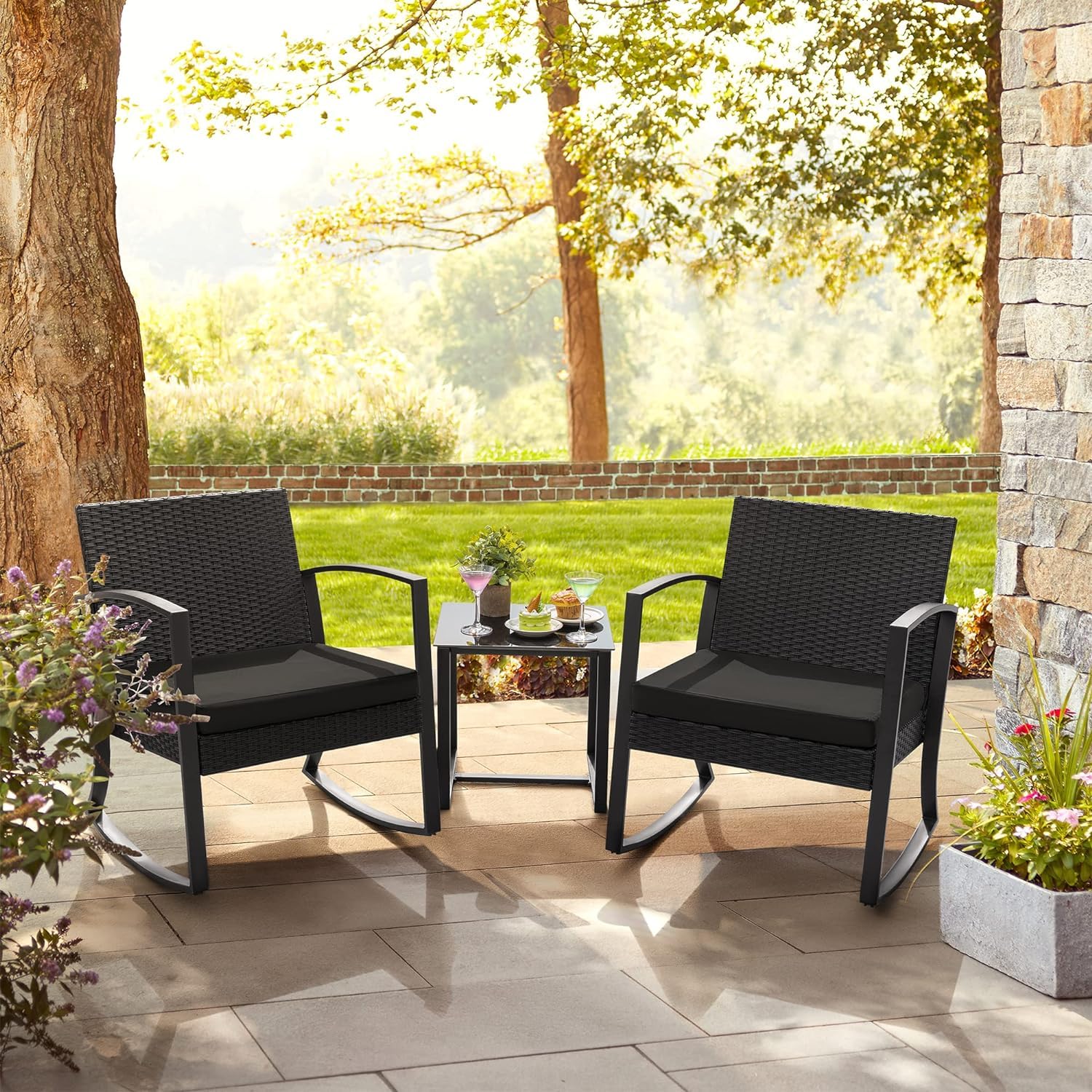 Homall 3-Piece Outdoor Patio Furniture Set - Resin Bistro Table & Rocking Chairs with Cushions - Perfect for Porch, Poolside, Balcony, Yard & Garden (Black) - Ideal for Relaxing, Entertaining & Outdoor Dining