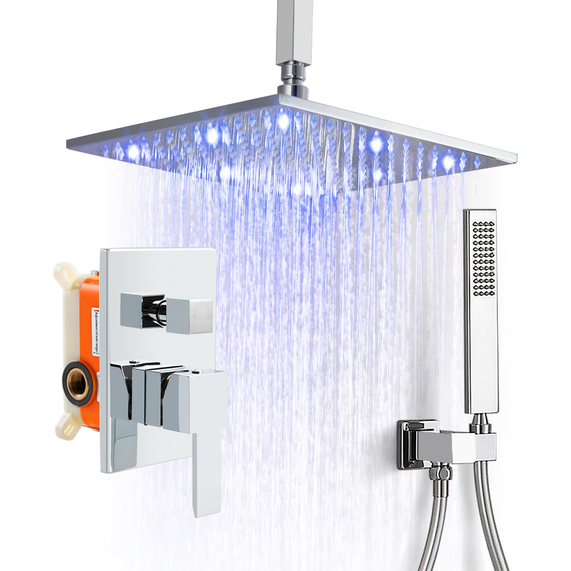 Skowll Chrome Shower Faucet Set - 12 Inch Rainfall LED Shower Head with 2 Function Valve Kit for Modern Bathroom | Perfect for Spa-Like Experience & Water Saving