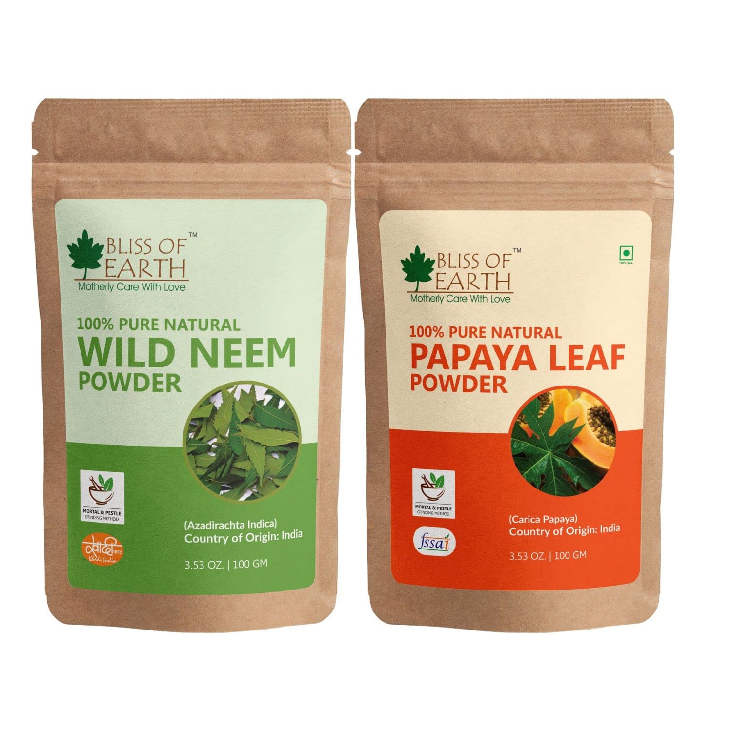 Bliss of Earth 100% Pure Wild Neem Leaf Powder & Organic Papaya Leaf Powder - 100g Each | Natural Skin Care, Hair Growth & Body Detox | For Face Masks, Hair Treatments & Wellness Drinks