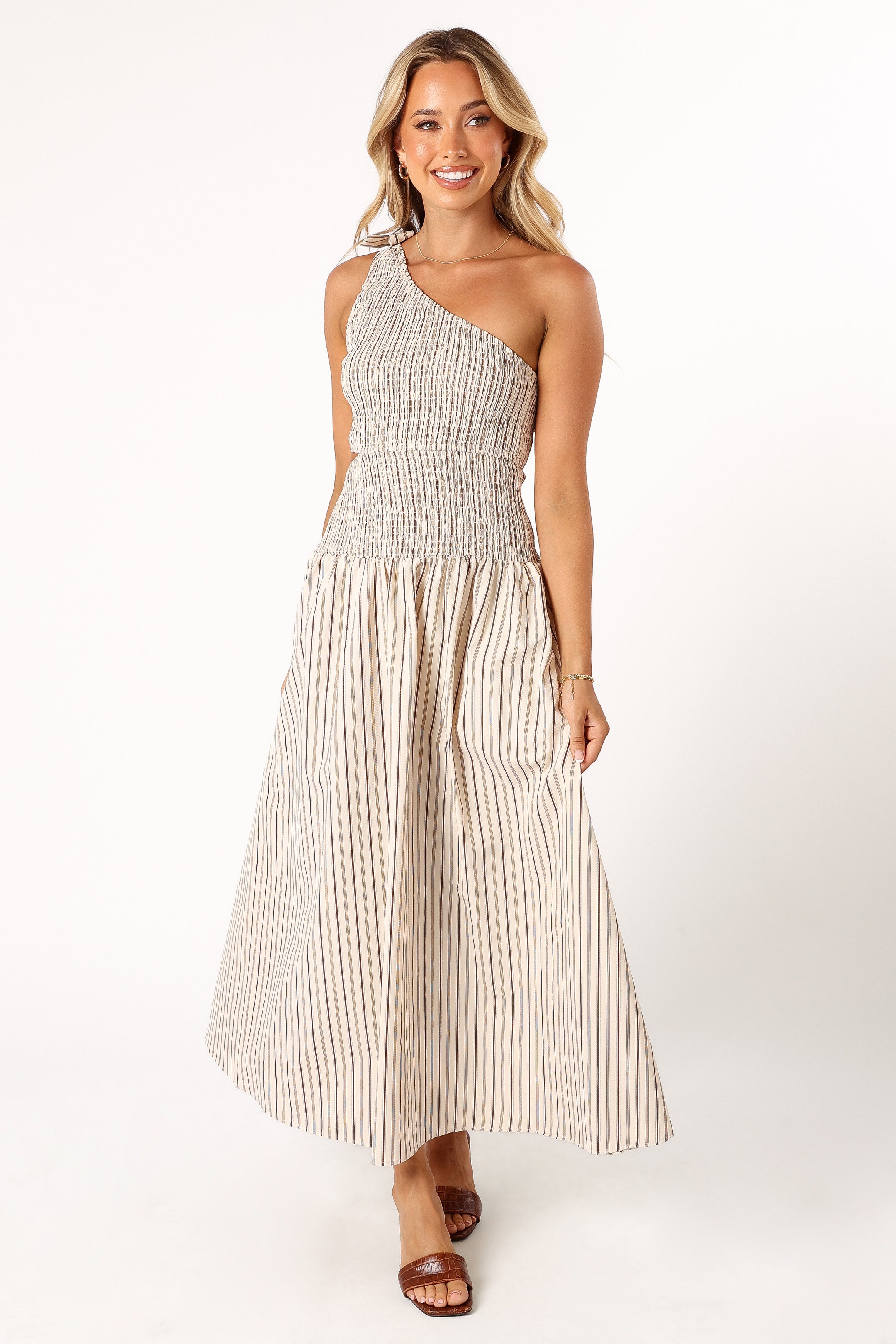 Jordana One Shoulder Midi Dress - Brown Striped Summer Dress for Women | Beach Wedding, Cocktail Party & Vacation Outfit