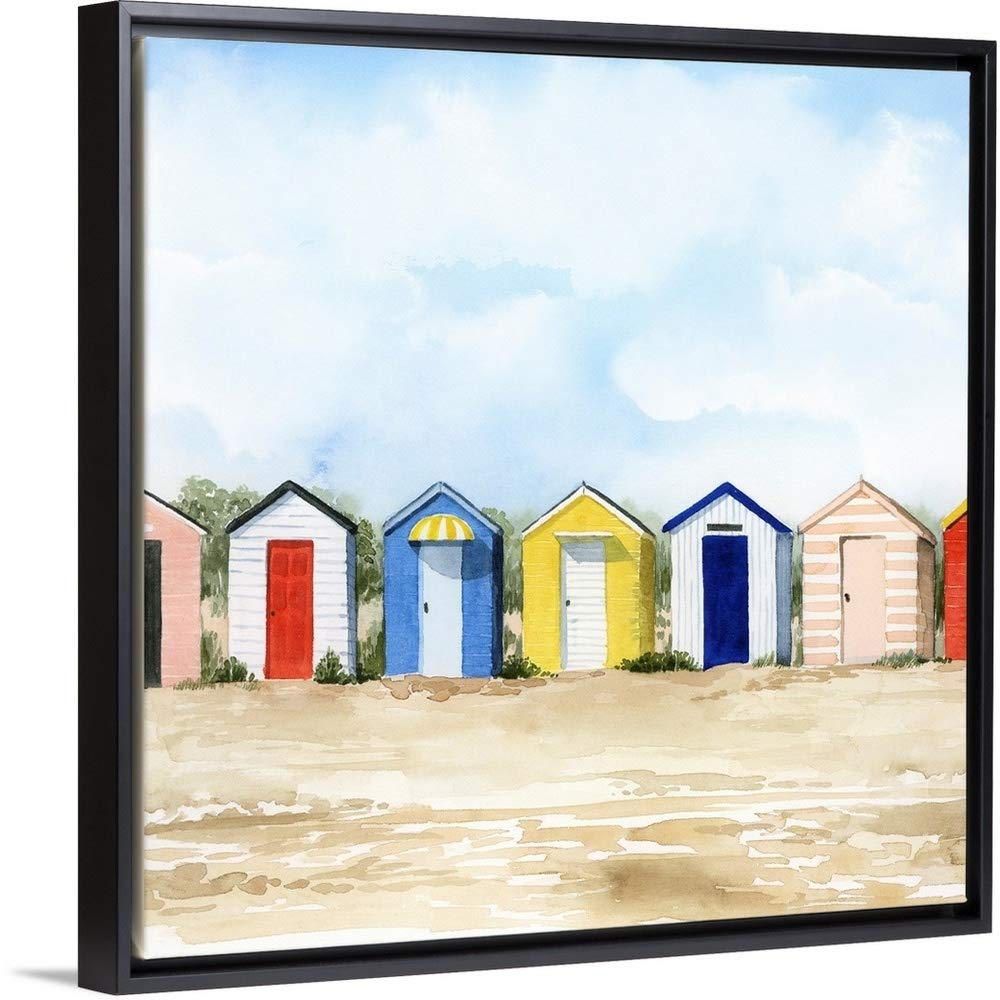 Beach Huts II Black Float Frame Canvas Art - Coastal Wall Decor for Living Room, Bedroom & Office - Nautical Beach House Painting for Home & Vacation Rental Decor