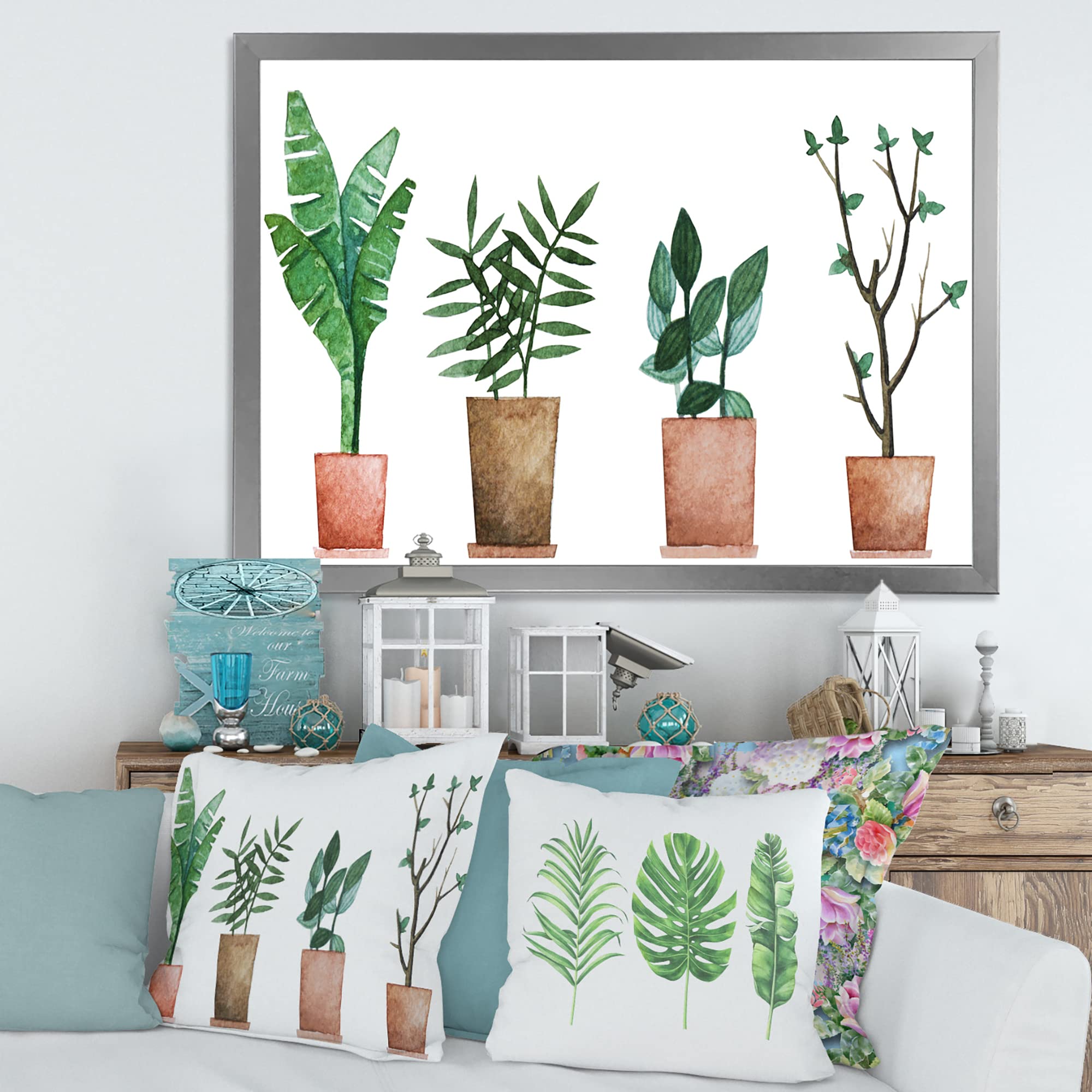 DesignQ Duo of Potted Flowers House Plants - Farmhouse Style Framed Wall Art Decor for Living Room, Bedroom & Office