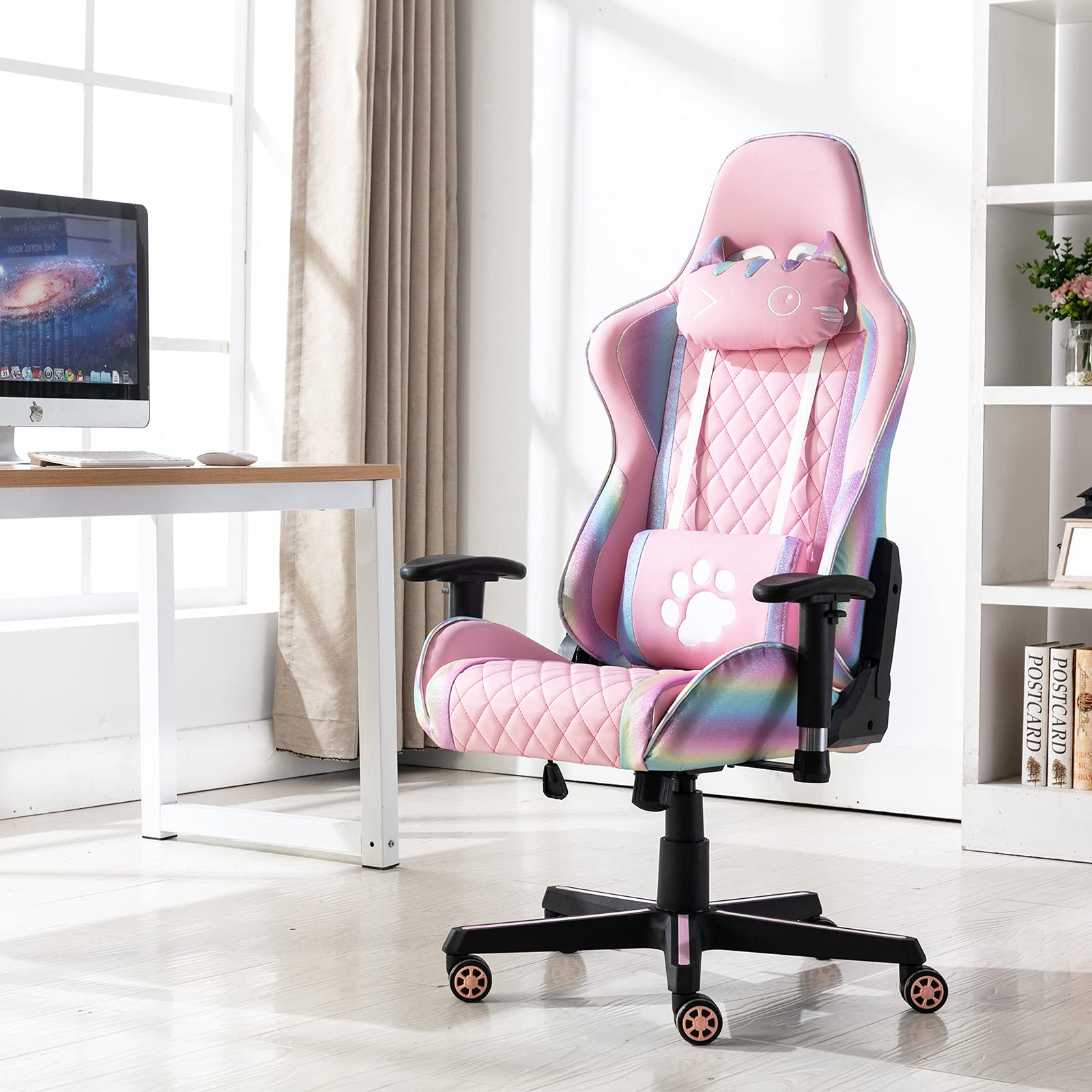 Ergonomic Pink Gaming Chair with Cute Cat Headrest & Lumbar Support - Comfortable Computer Desk Chair for Adults & Kids (Rainbow, Black Base) - Perfect for Home Office, Gaming Setup & Study Room