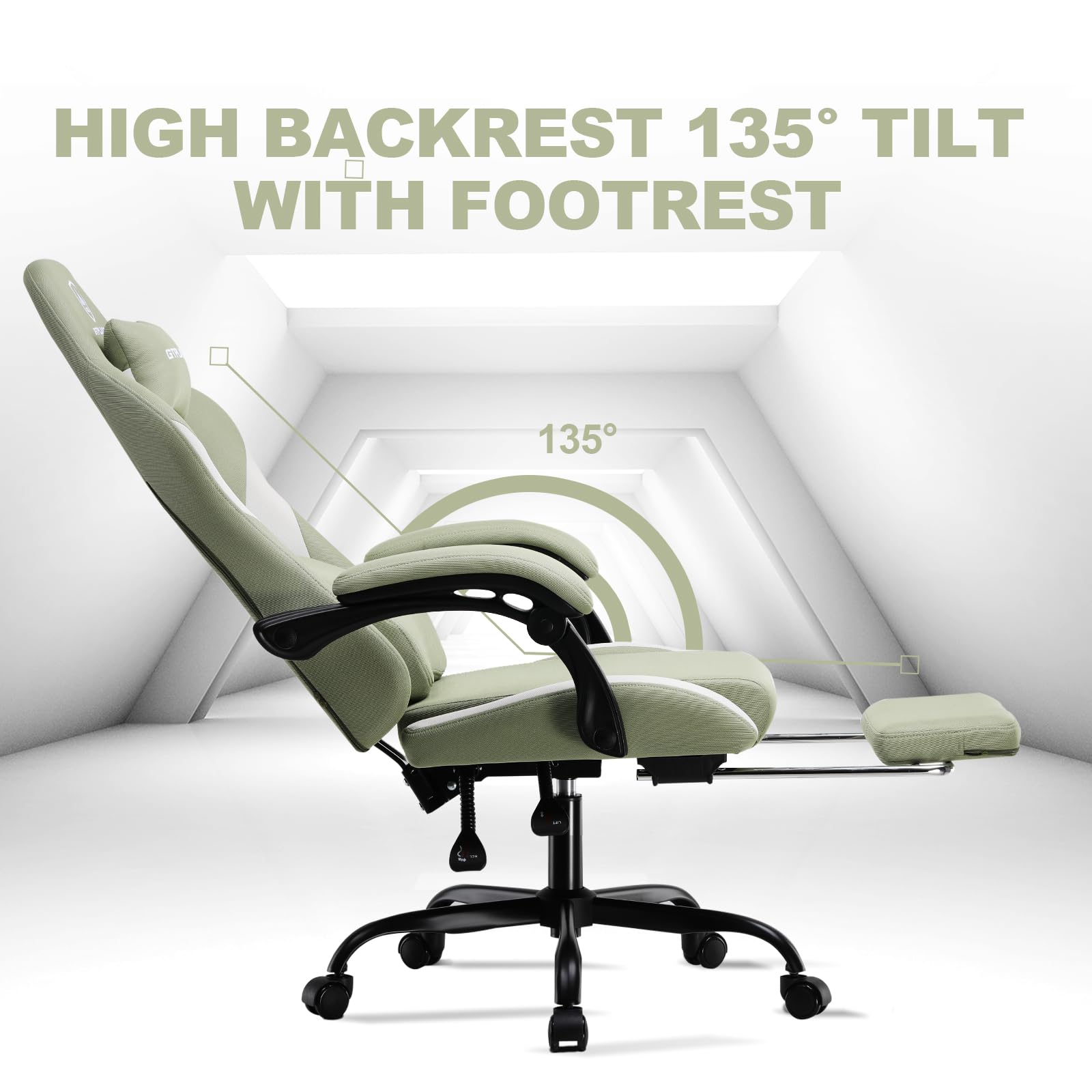 GTPLAYER Ergonomic Gaming Chair with Breathable Fabric & Pocket Spring Cushion - Adjustable Footrest & Lumbar Support Computer Chair for Adults (Green) | Perfect for PC Gaming, Office Work & Home Entertainment
