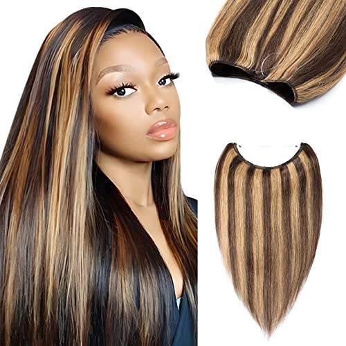 Benehair 16 Inch Invisible Wire Hair Extensions - Real Human Remy Hair, Soft Straight, Medium Brown & Dark Blonde Mix (#4&27) 60g for Daily Wear, Parties & Special Occasions