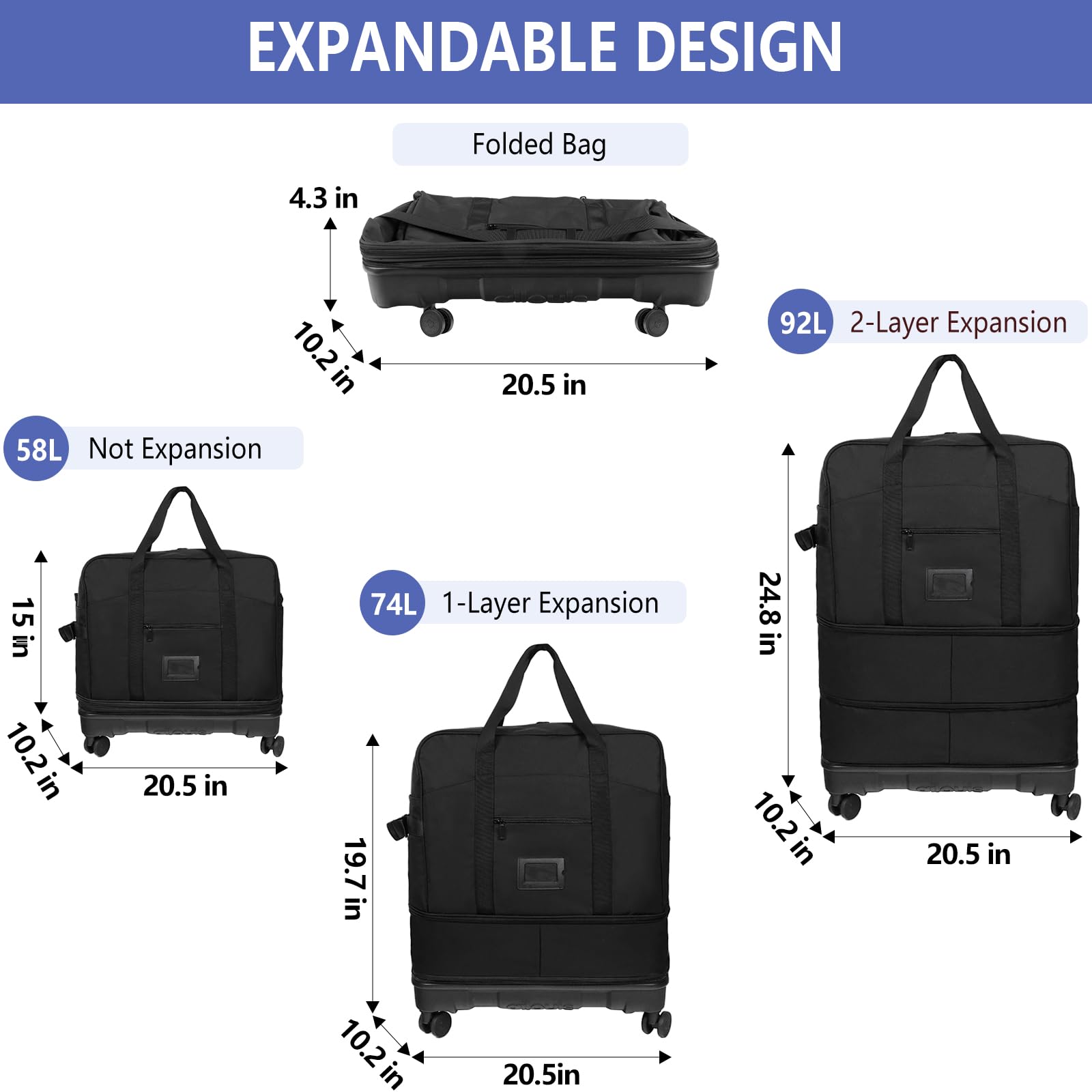 92L Expandable Rolling Duffel Bag with Silent Wheels & Hidden Pull Rod - Triple Expansion Design for Large Storage - Foldable Travel Luggage for Moving, Emigration & Storage - Perfect for Air Travel, Road Trips & Long-Term Packing