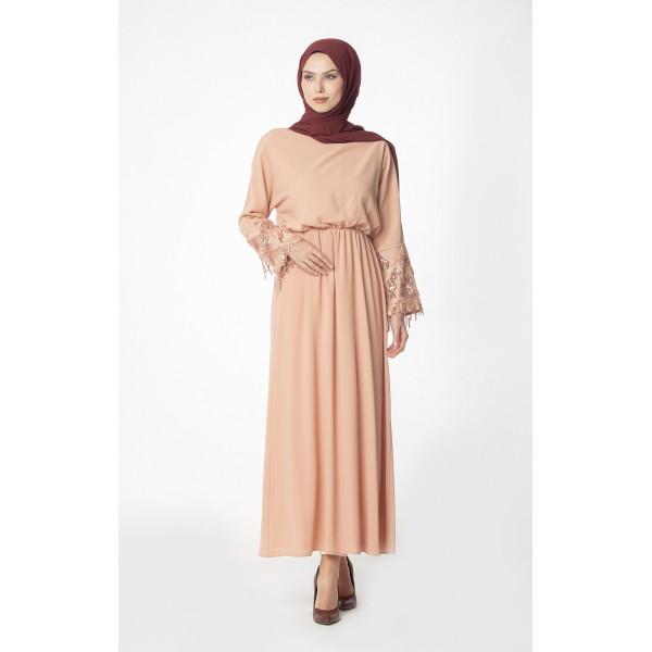 Elegant Abaci Modest Sequined Cocktail Dress 12956 in Salmon Pink - Perfect for Evening Parties, Weddings & Special Occasions