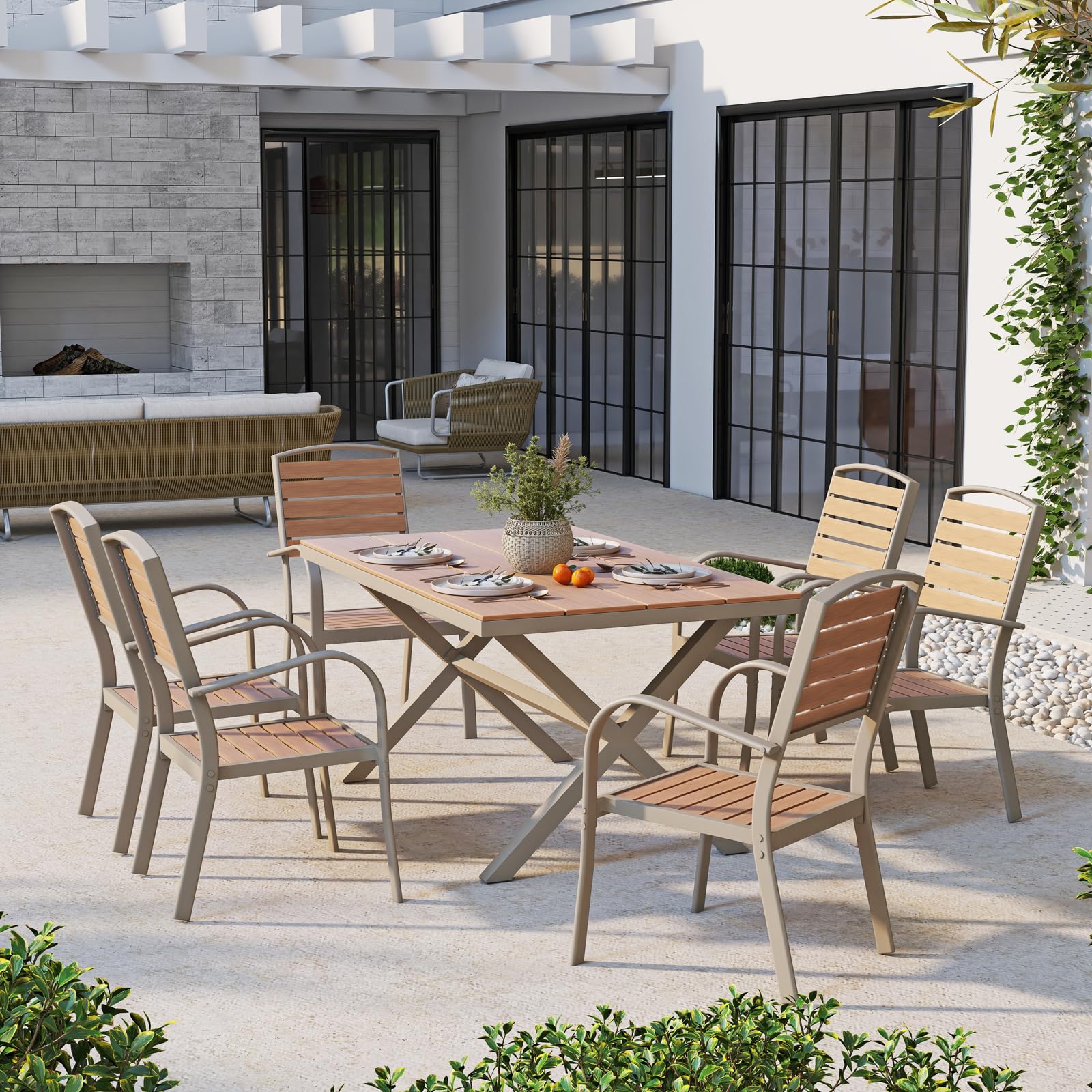 Premium Aluminum Outdoor Dining Chairs Set of 2 - Stackable All-Weather Patio Chairs with Armrests, Faux Wood Finish in Teakwood Brown - Perfect for Backyard, Garden, Restaurant & Bistro Settings