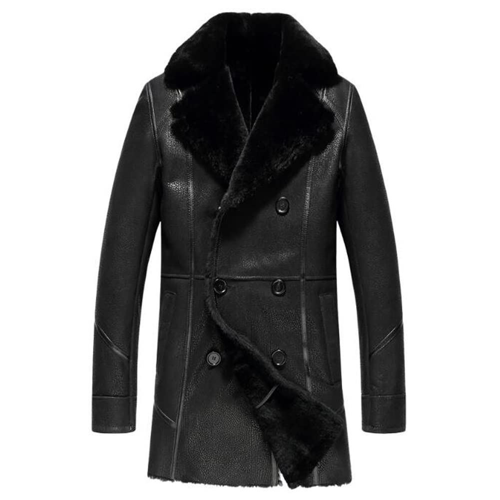 Men's Black Leather Jacket with Fur Lining - Warm Shearling Coat for Winter