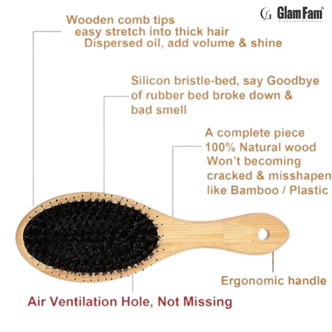 GLAM FAM Natural Boar Bristle Hair Brush with Wooden Bamboo Handle - Detangling & Anti-Static Hairbrush for Women & Men with Thick Hair - Reduces Hair Breakage for Smooth, Shiny Hair - Perfect for Daily Styling & Salon-Quality Results at Home