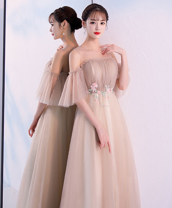 Elegant Champagne Round Neck Tulle Long Prom Dress | Formal Evening Gown for Women | Perfect for Prom, Homecoming, Wedding & Special Occasions