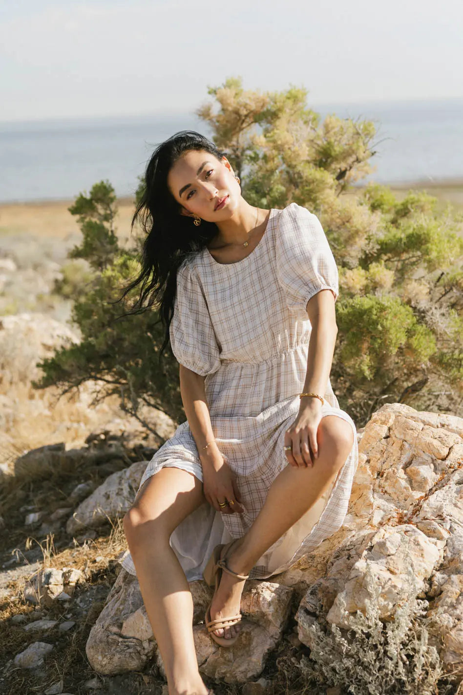 Melina Plaid Midi Dress in Taupe | Women's Fashion | Perfect for Office, Date Night & Fall Outfits | FINAL SALE