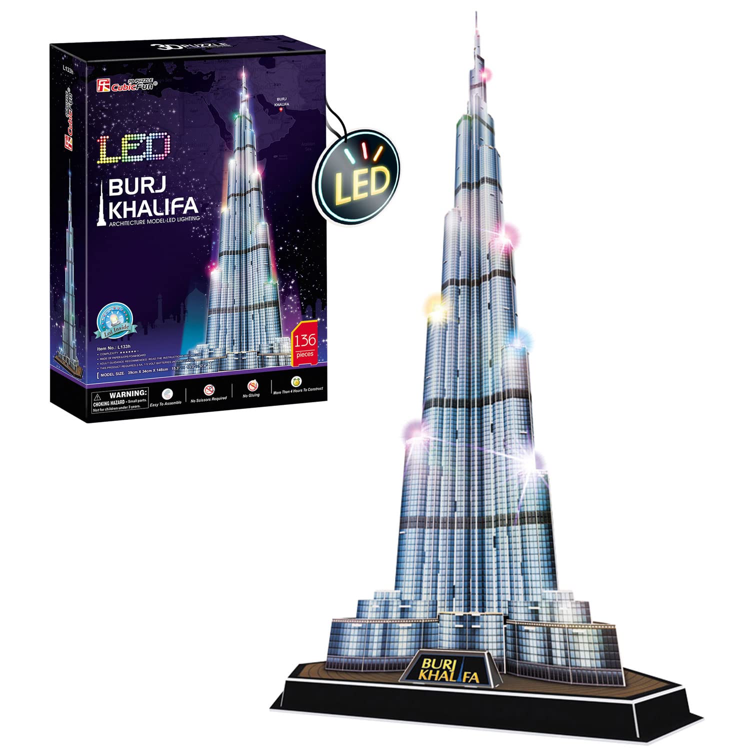 3D Puzzle - Burj Khalifa LED Building Model Kit for Kids & Adults | 136-Piece DIY Construction Set | Educational STEM Toy for Ages 8+ | Perfect Gift for Birthday, Christmas & Home Decoration