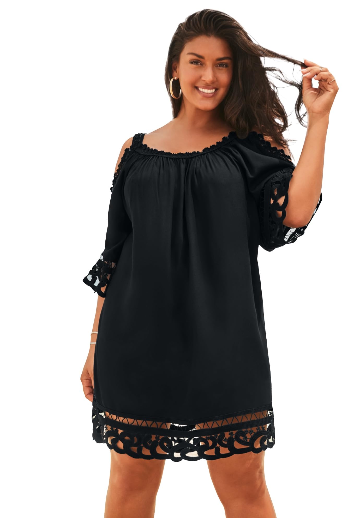 Plus Size Women's Swim Cover Up Dress - Vera Crochet Cold Shoulder Beach Dress for Summer Vacation, Pool Party & Resort Wear