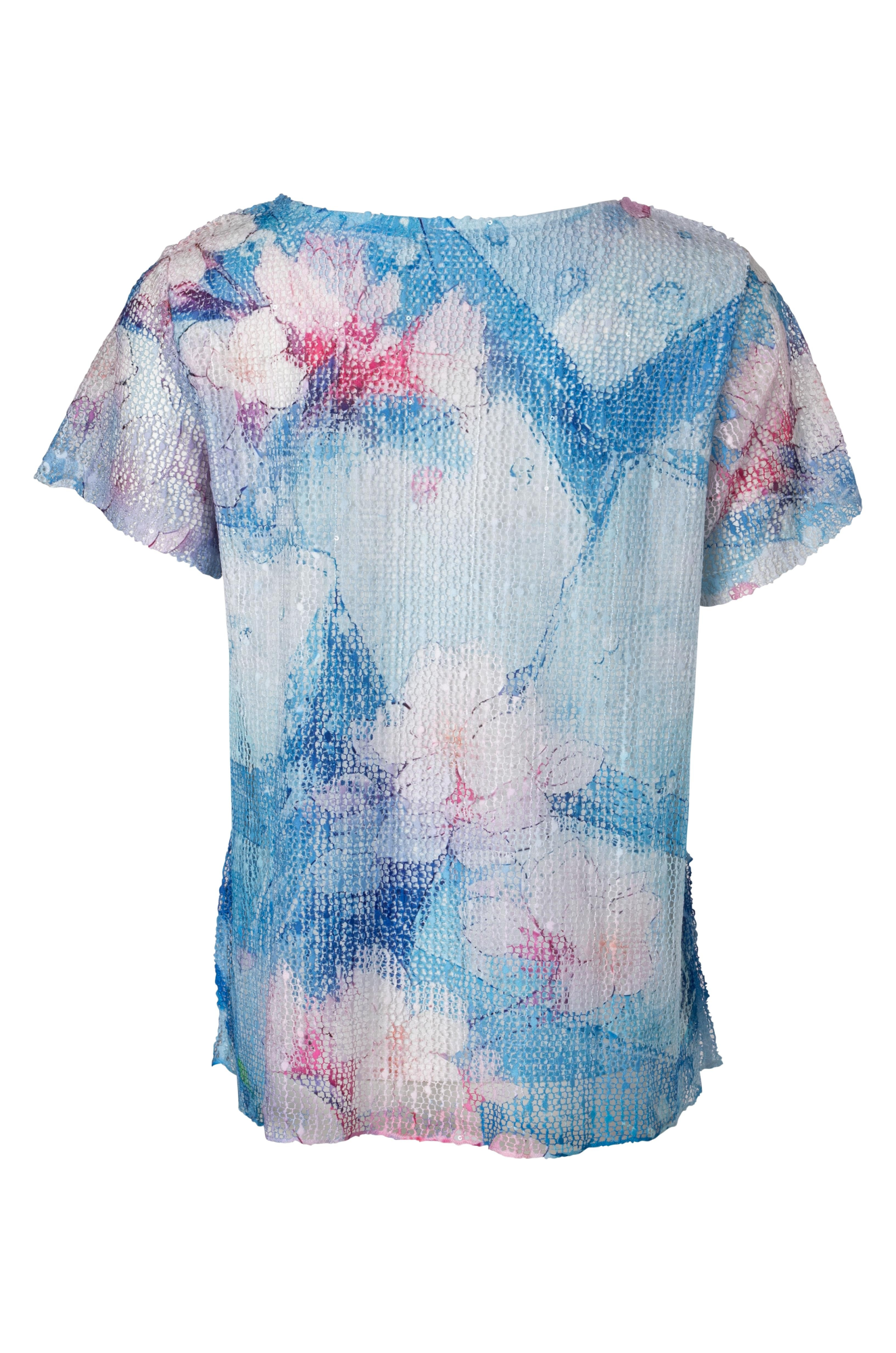 Printed Mesh & Lace Top - BLUES PINK FLOWER Design | Women's Fashion Blouse 3981A1 | Perfect for Casual Wear, Parties & Date Nights
