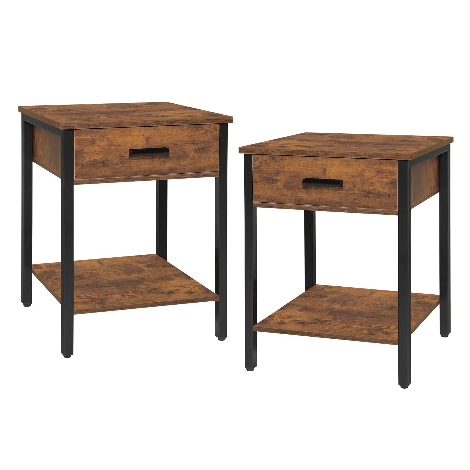 IWELL Nightstand Set of 2 - Industrial Style Bedside Tables with Drawer & Storage Shelf for Small Spaces | Rustic Brown Steel End Tables | Easy Assembly | Perfect for Bedroom, Living Room, Apartment & Dorm Decor
