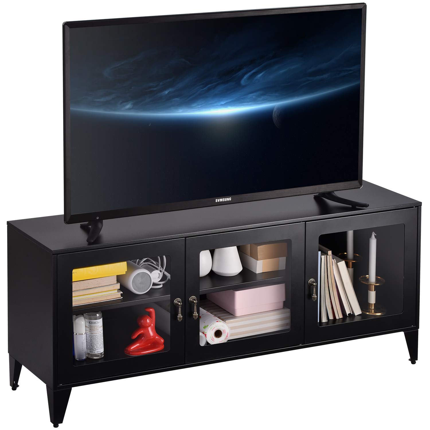 55 Inch Metal TV Stand with Acrylic Doors & Shelves - Black Entertainment Center for Living Room, Bedroom | Modern Storage Cabinet for TV, Gaming Console & Media Devices