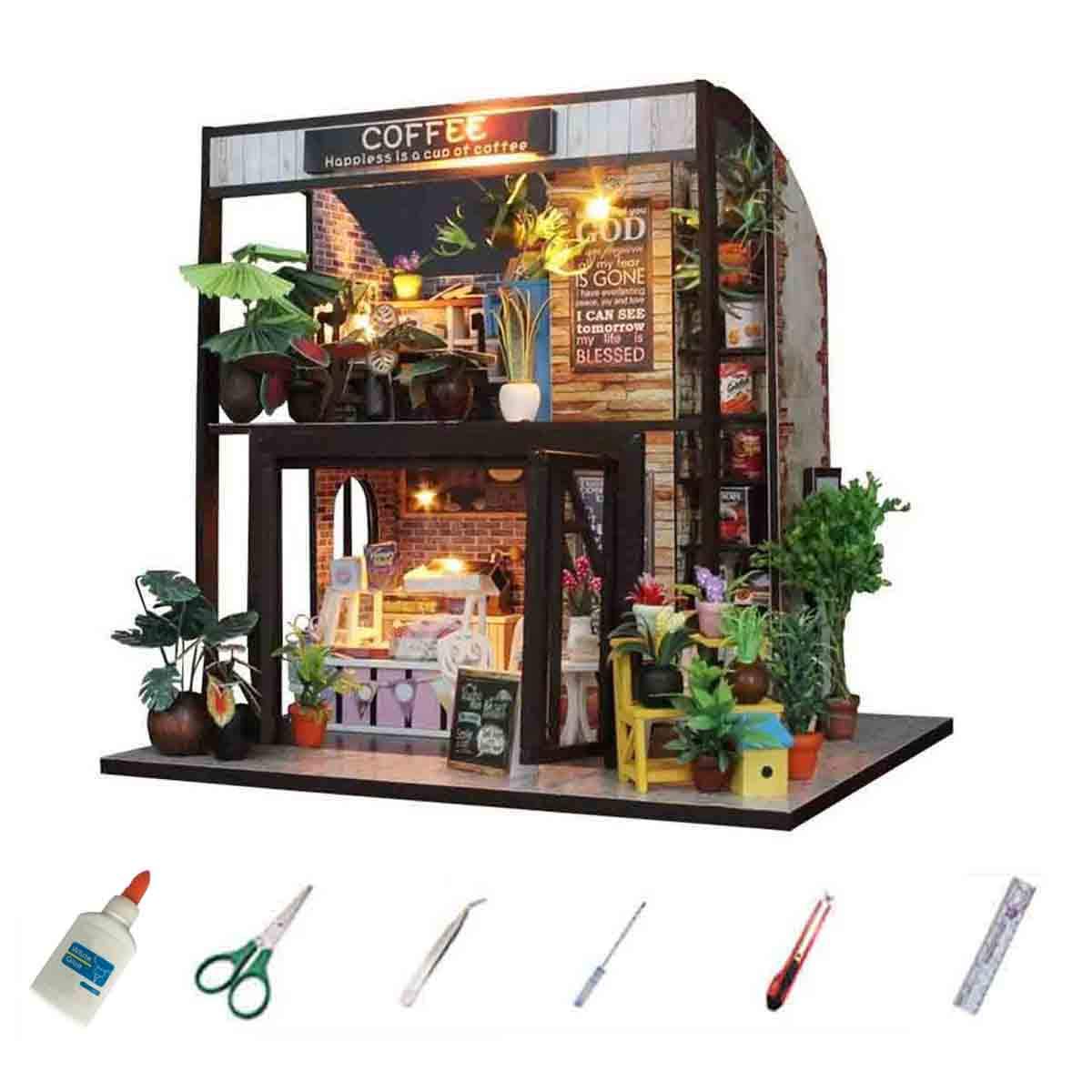 Miniature Dollhouse Kit - DIY Tiny House Model with Furniture, Coffee House Theme & Dust Proof Display | Perfect for Collectors, Home Decor, and Creative Gift Ideas