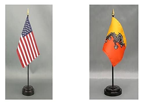 American Made Bhutan Desk Flag Set - 4x6 inch Rayon Office Desk & Hand Waving Table Flags with 2 Stands (USA & Bhutan Flags) - Perfect for Office Decor, International Events & Patriotic Displays