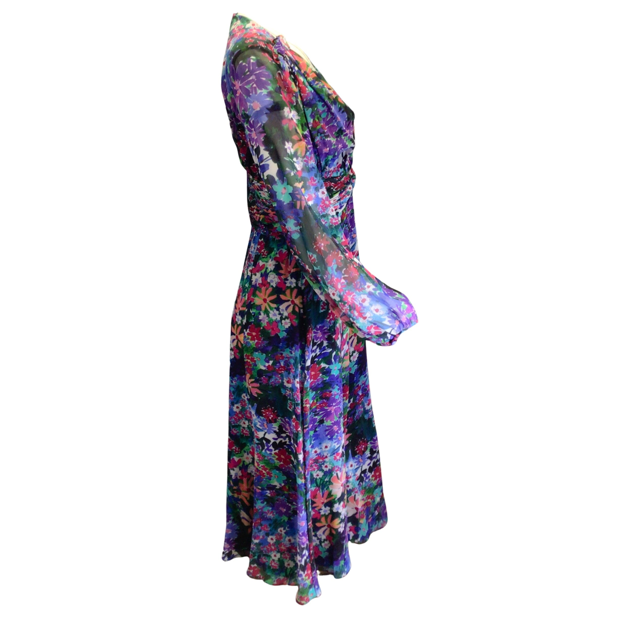Prabal Gurung Audra Purple Multi Floral Print Long Sleeve V-Neck Silk Midi Dress for Women | Elegant Evening Party & Wedding Guest Outfit