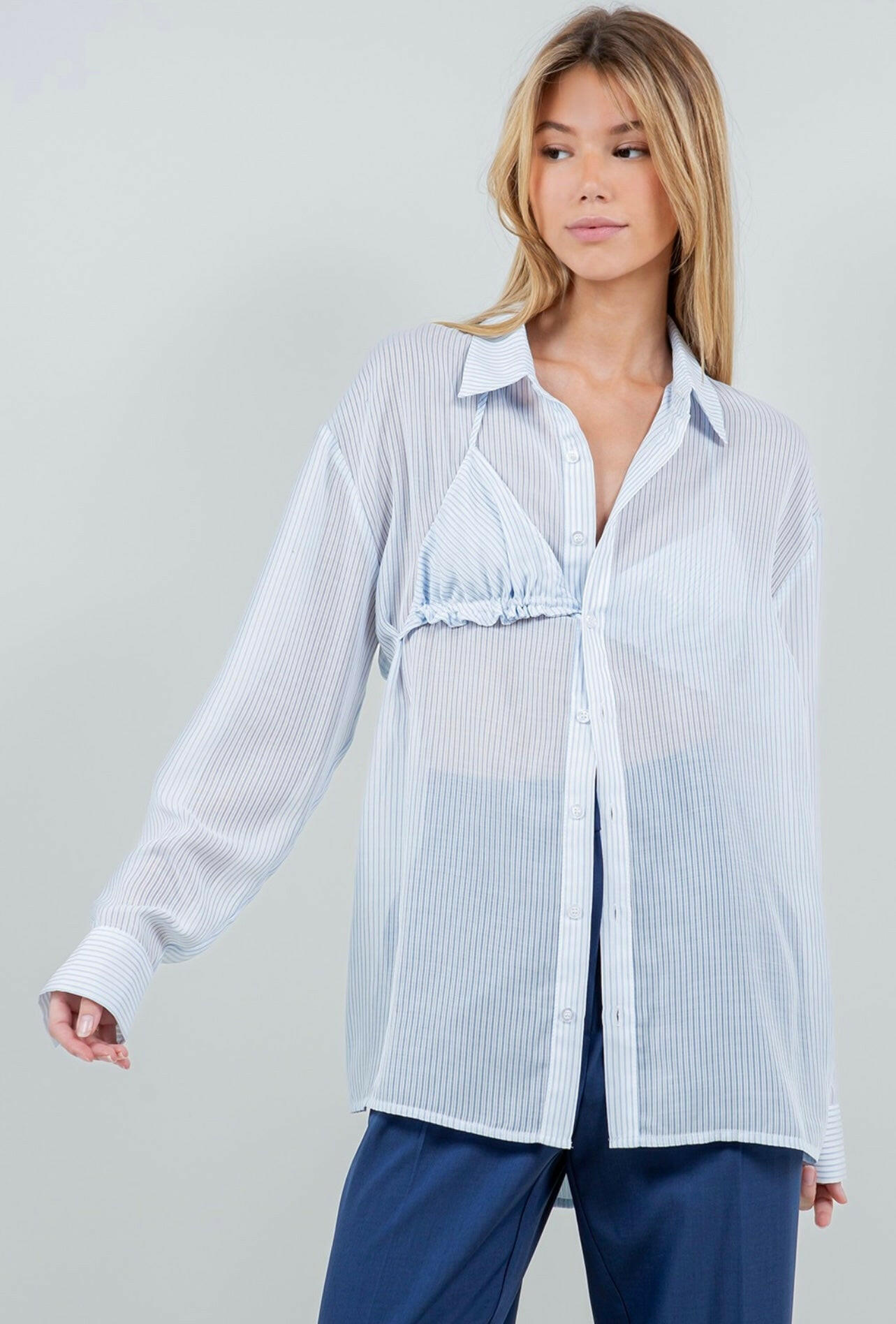 Sheer Button Up Blouse with Bikini Top - White & Blue Floral Print Women's Beach Cover Up for Summer Vacation & Pool Party