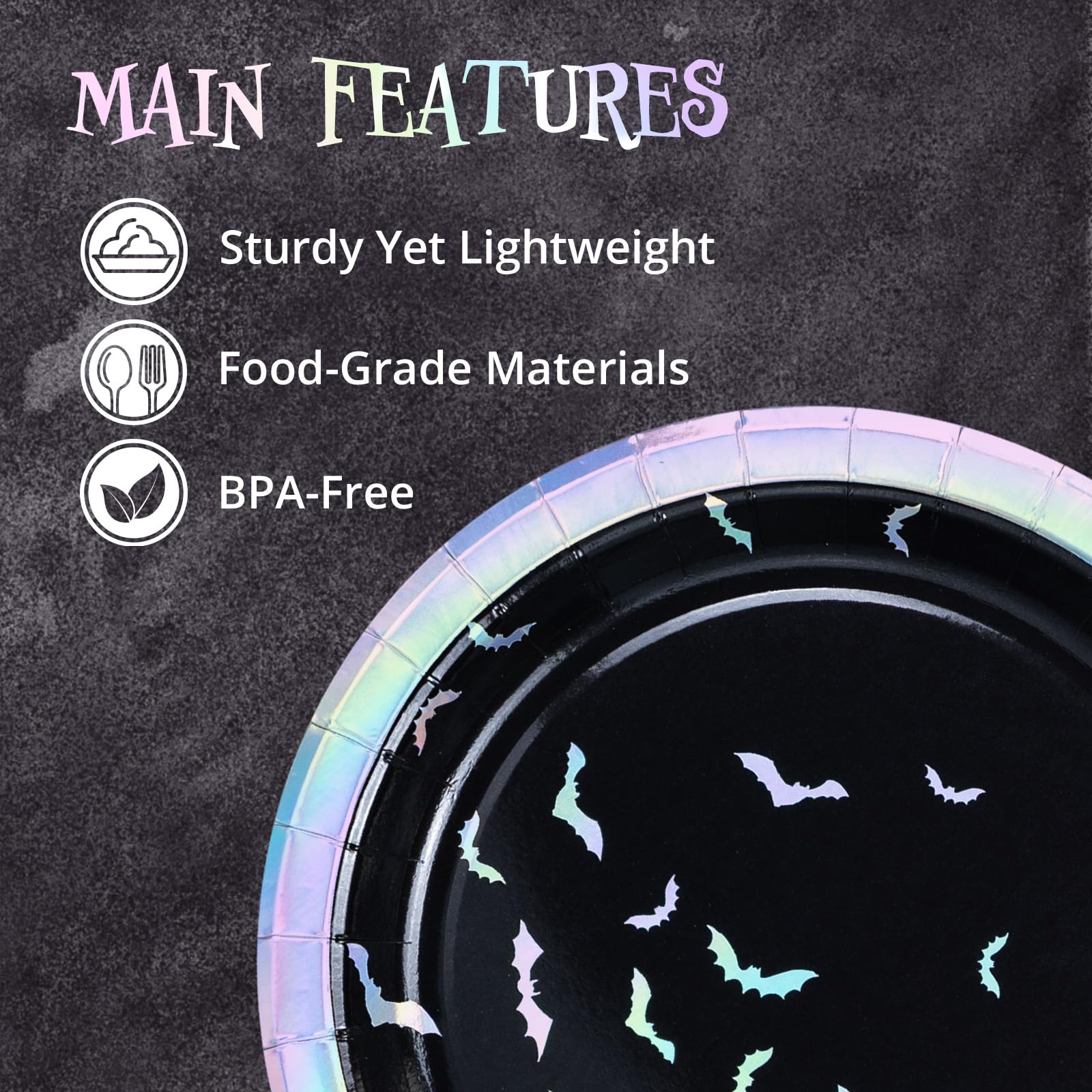 50-Count Halloween Paper Plates - Disposable Dinner Plates with Bats & Iridescent Silver Foil Design for Halloween Party Supplies, Decorations & Spooky Celebrations