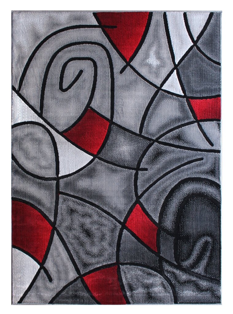 Modern Contemporary Area Rug 5x7 Feet - Red Grey Black Geometric Design Masada Rugs for Living Room, Bedroom & Office - Soft Non-Slip Comfortable Floor Decor