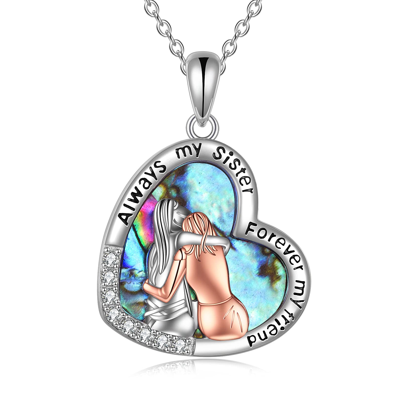 POPKIMI Sterling Silver Crystal Abalone Shell Sister Necklace - Always My Sister Forever My Friend Pendant | Meaningful Birthday Gifts for Sisters, Women & Best Friends | Perfect for Sister's Day, Birthdays, Anniversaries & Friendship Celebrations