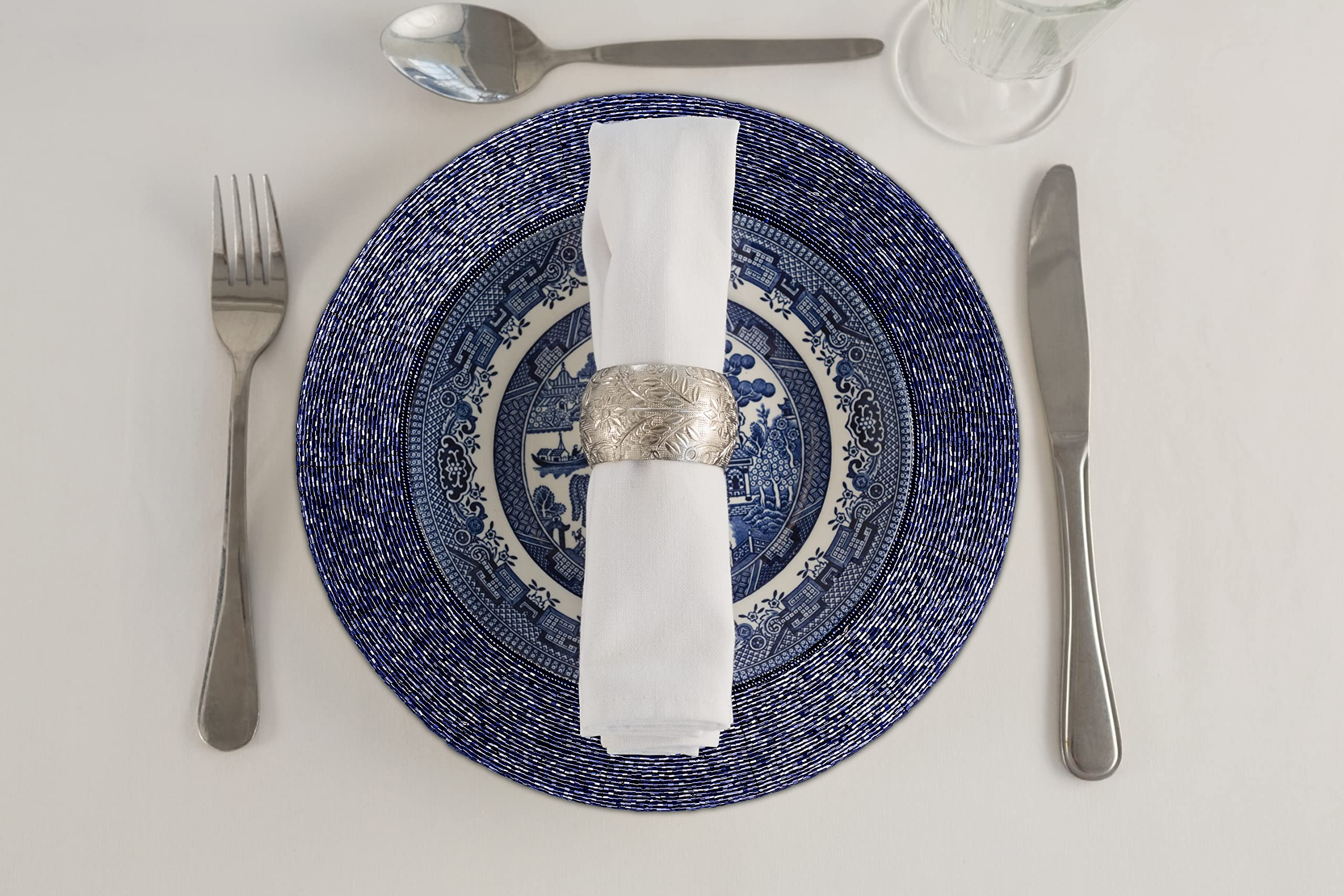 Lightnpro Farmhouse Beaded Placemats Set of 4 - Round Handwoven Table Chargers - 13 Inch Navy Blue Decorative Placemats for Dining Table & Special Occasions - Perfect for Farmhouse, Rustic, or Coastal Home Decor - Ideal for Dinner Parties, Weddings, and Holiday Gatherings