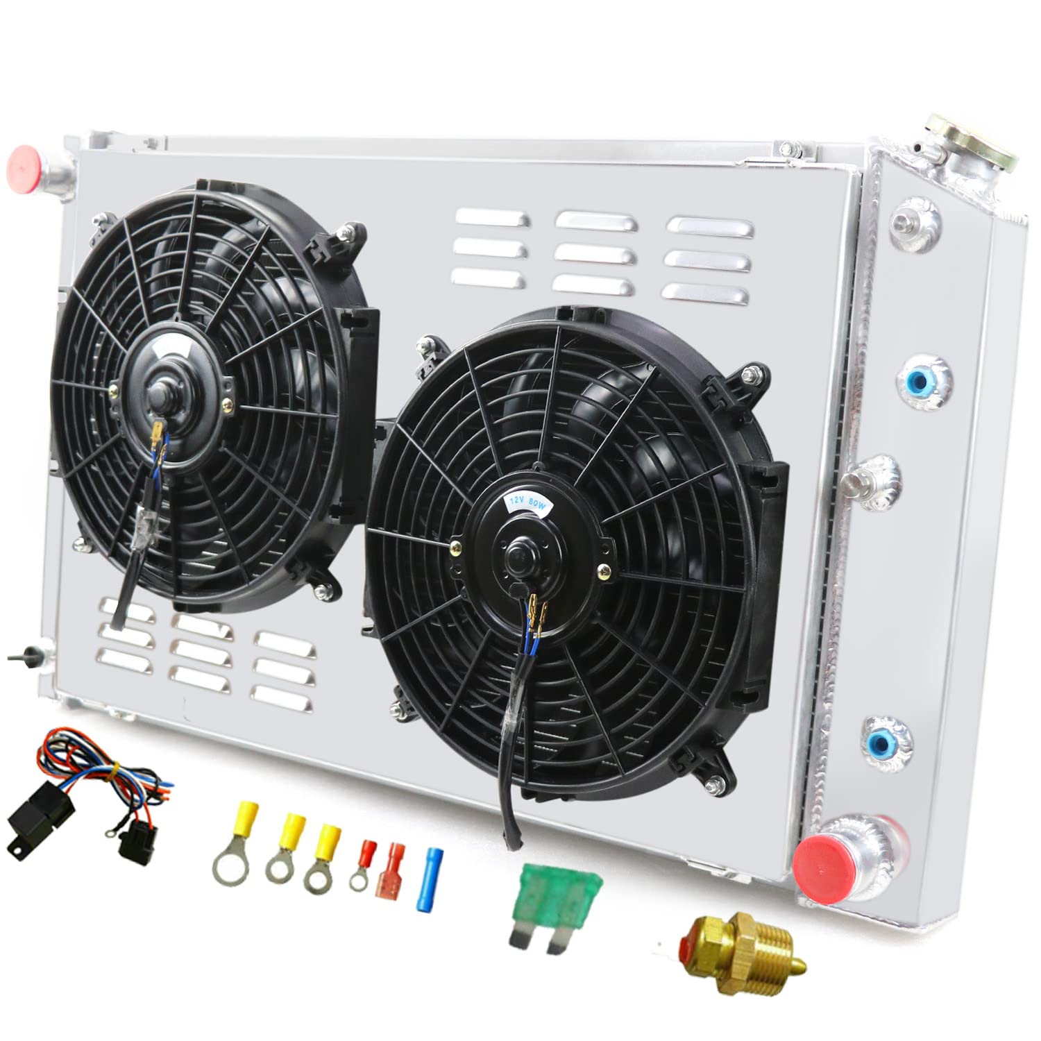 High Performance 4-Row Aluminum Radiator for 1970-1981 Chevy Camaro, 1978-1987 Monte Carlo, 1973-1980 GMC C/K Series 1500/2500/3500 - Includes Shroud & Fan Relay - Perfect for Engine Cooling & Restoration Projects