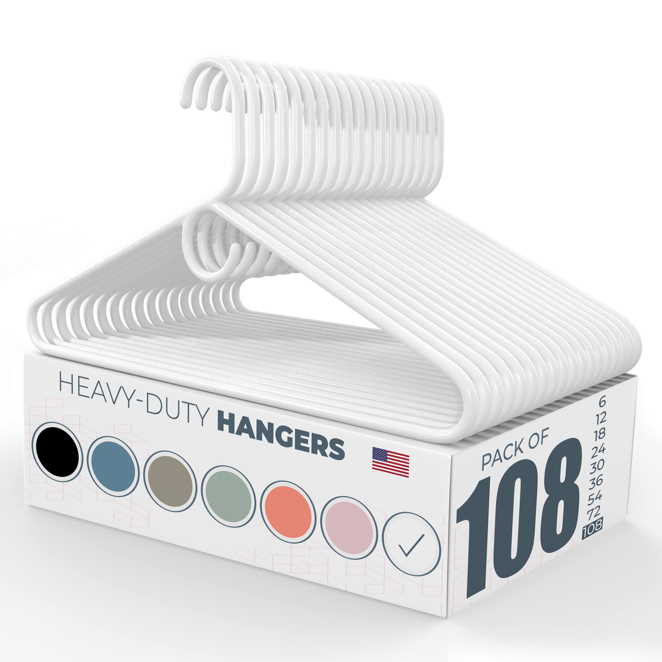 108pk Heavy Duty Plastic Clothes Hangers Bulk - 20/30/50/100 Pack Options | Strong Durable Coat Hangers for Jackets & Clothes | Thick White Plastic Hangers for Closet Organization & Retail Stores | Made in USA