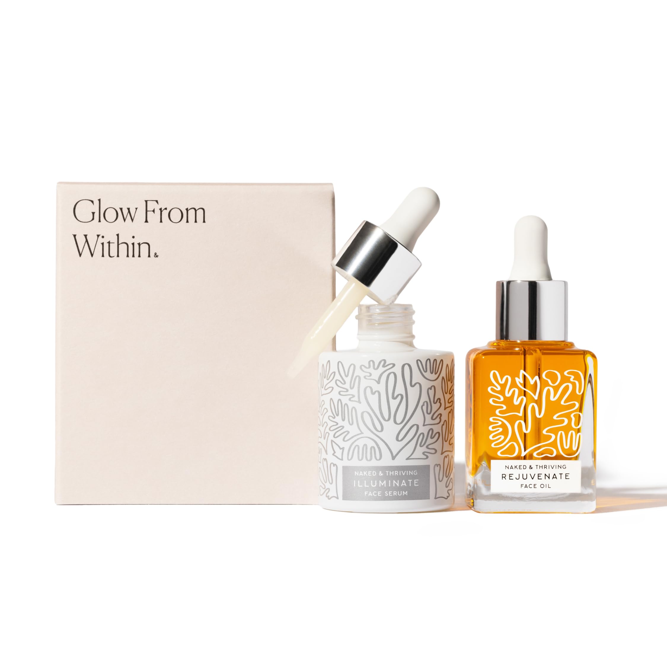 Naked & Thriving Super Glow Duo Set - Illuminate BC+ Serum (30mL) & Rejuvenate Face Oil (35mL) with Vitamin C, Bakuchiol, Argan & Sea Buckthorn Oil | Brightening Skincare Routine for Dull Skin, Anti-Aging Treatment, Day & Night Hydration