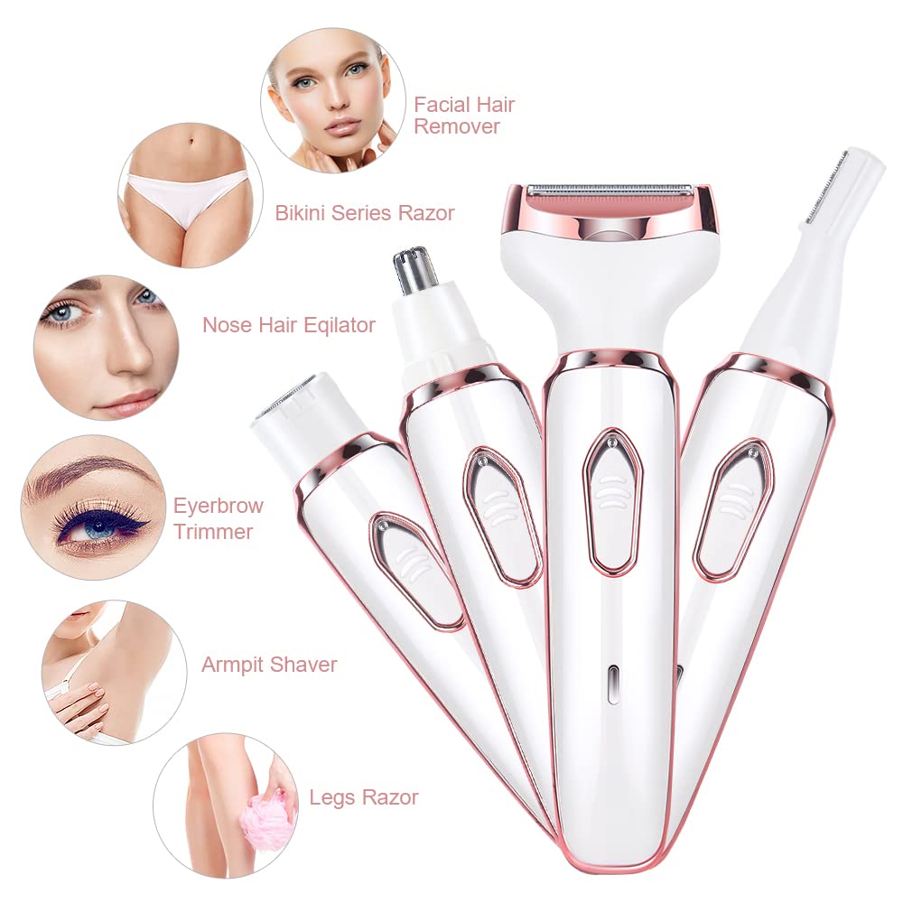 ACWOO 4-in-1 Electric Razor for Women - Painless Bikini Trimmer, Facial Hair Remover, Nose & Underarm Shaver with USB Charging | Perfect for Travel, Gym & Sensitive Skin Care