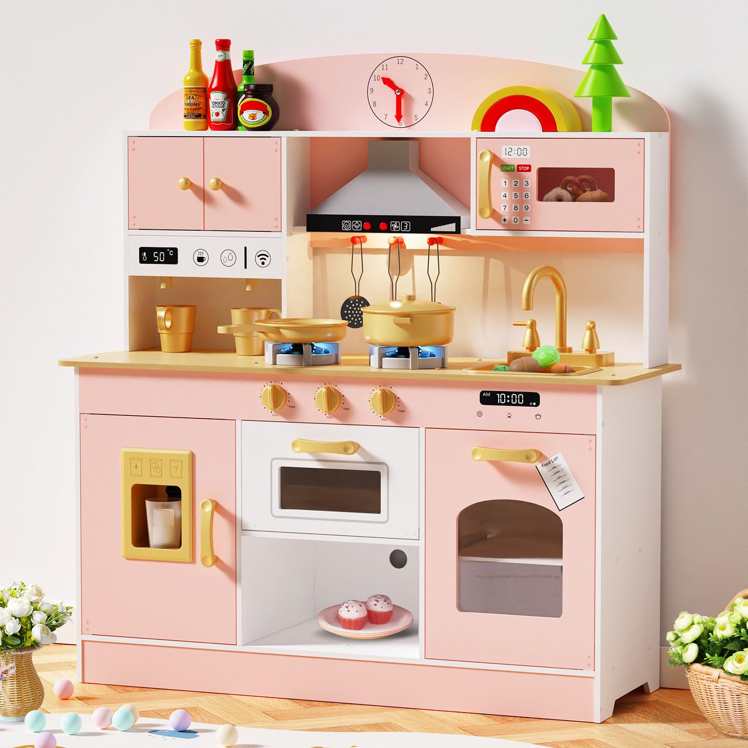 Babytronic Wooden Play Kitchen Set for Kids - Pretend Play Toy Kitchen with Lights & Sounds, Stove, Oven, Microwave & Coffee Maker Accessories - Educational Toddler Toy for Ages 3+ (Pink) - Perfect for Imaginative Play, Preschool Learning & Birthday Gifts