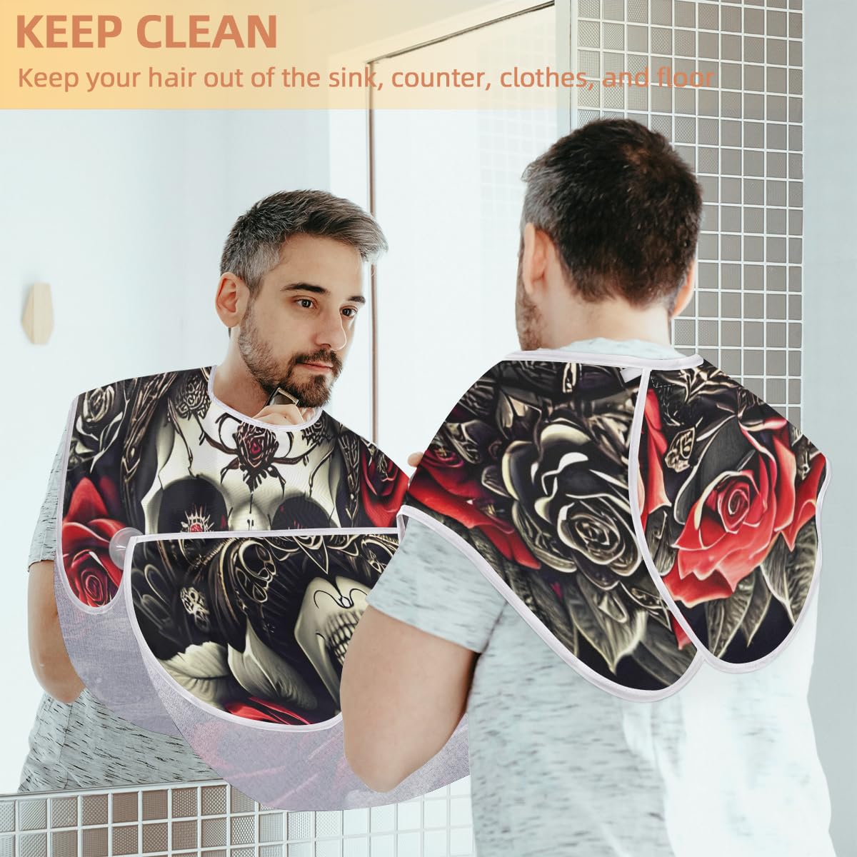 **Skull Flower Rose Beard Shaving Bib for Men - Waterproof Hair Dye Apron & Makeup Cape - Sink Hair Catcher for Barbers & Stylists - Perfect for Beard Trimming, Haircuts & Salon Use**